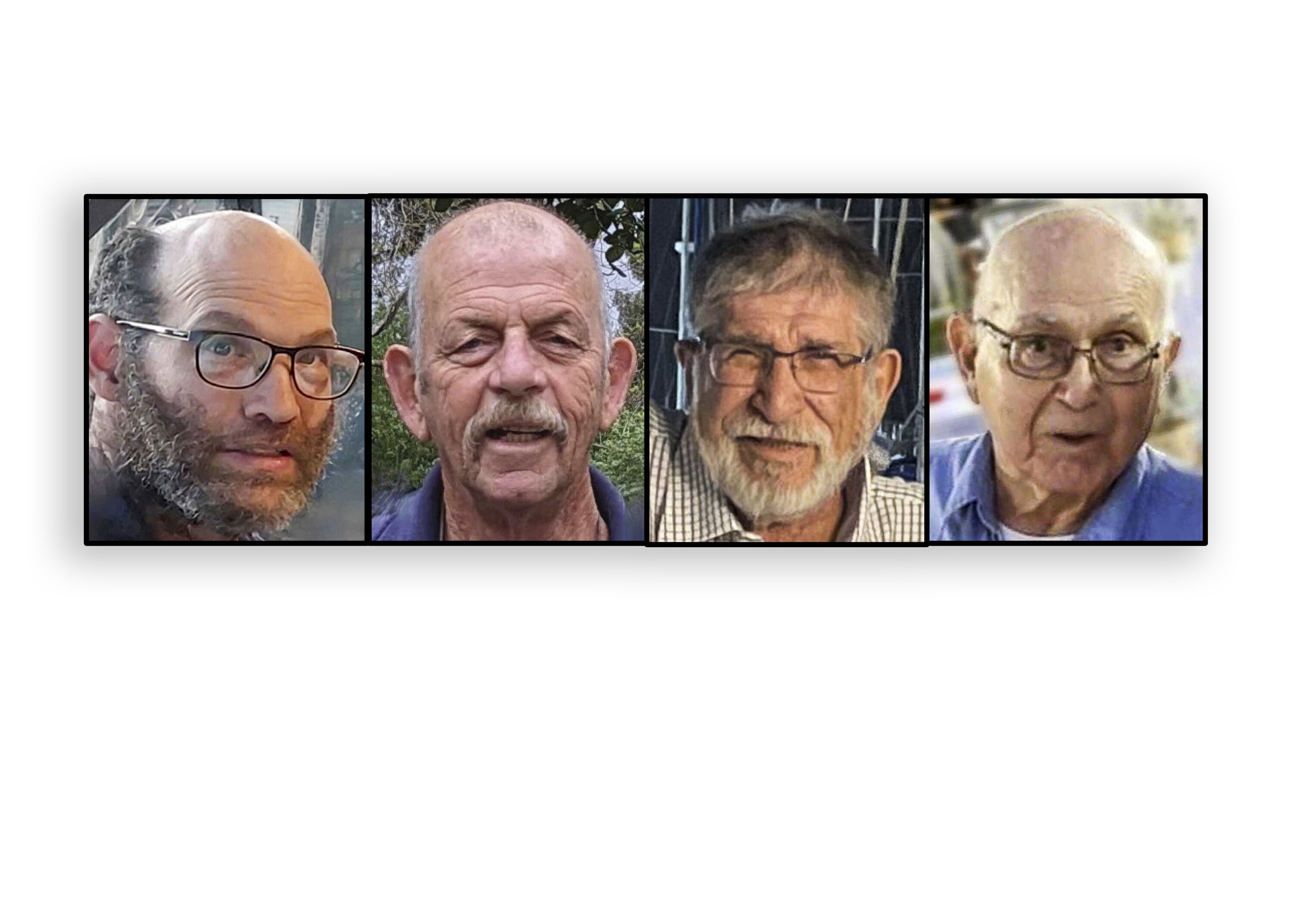 This undated photo provided by the Hostages Families Forum Headquarters shows (from left) Nadav Popplewell, 51, Chaim Peri, 80, Yoram Metzger, 80 and Amiram Cooper, 84 (Hostages Families Forum Headquarters via AP) Composite photo