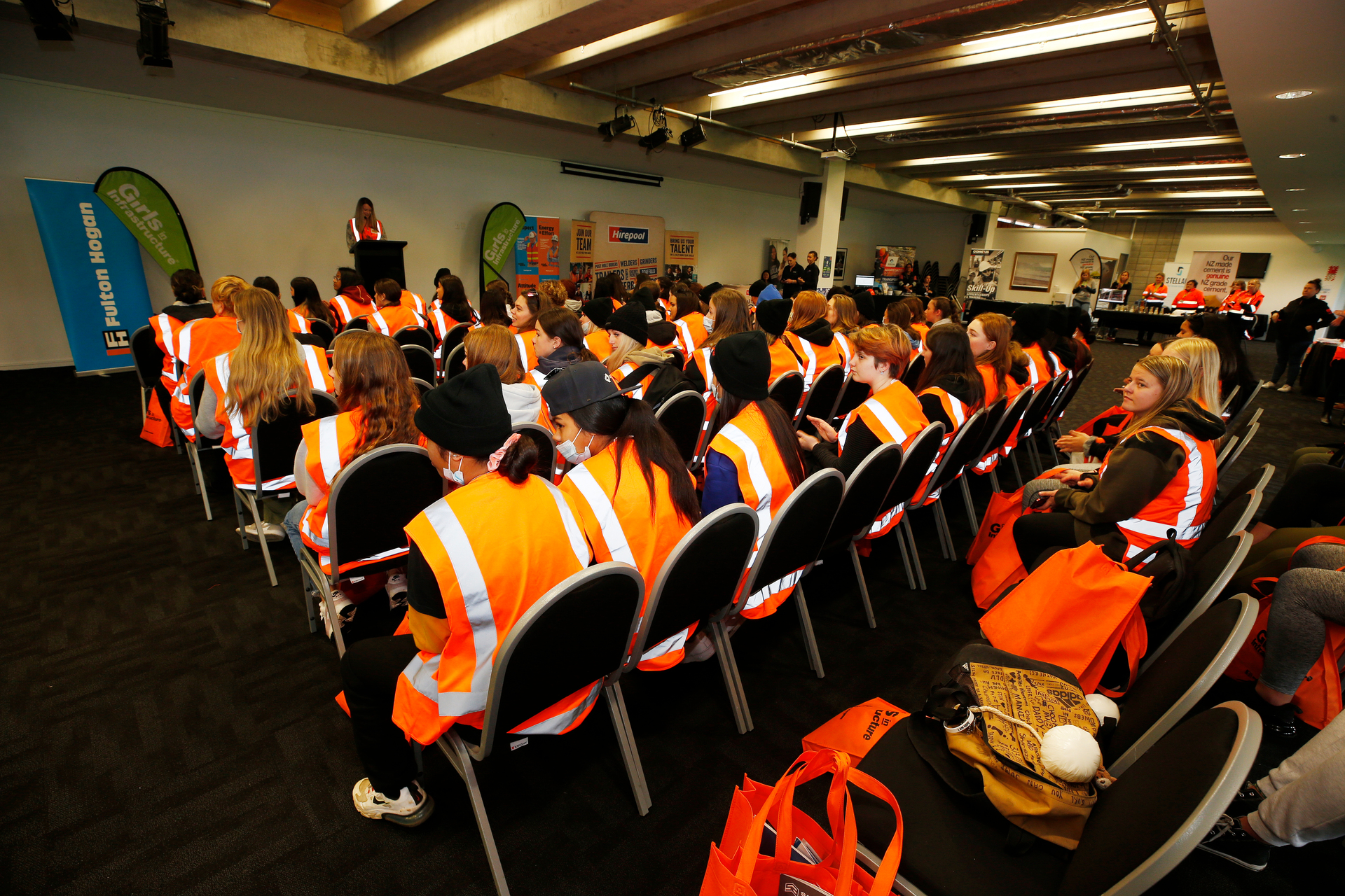 Students listen to speakers at the Girls in Infrastructure Event at Semenoff Stadium, Whangārei. Photo / Michael Cunningham