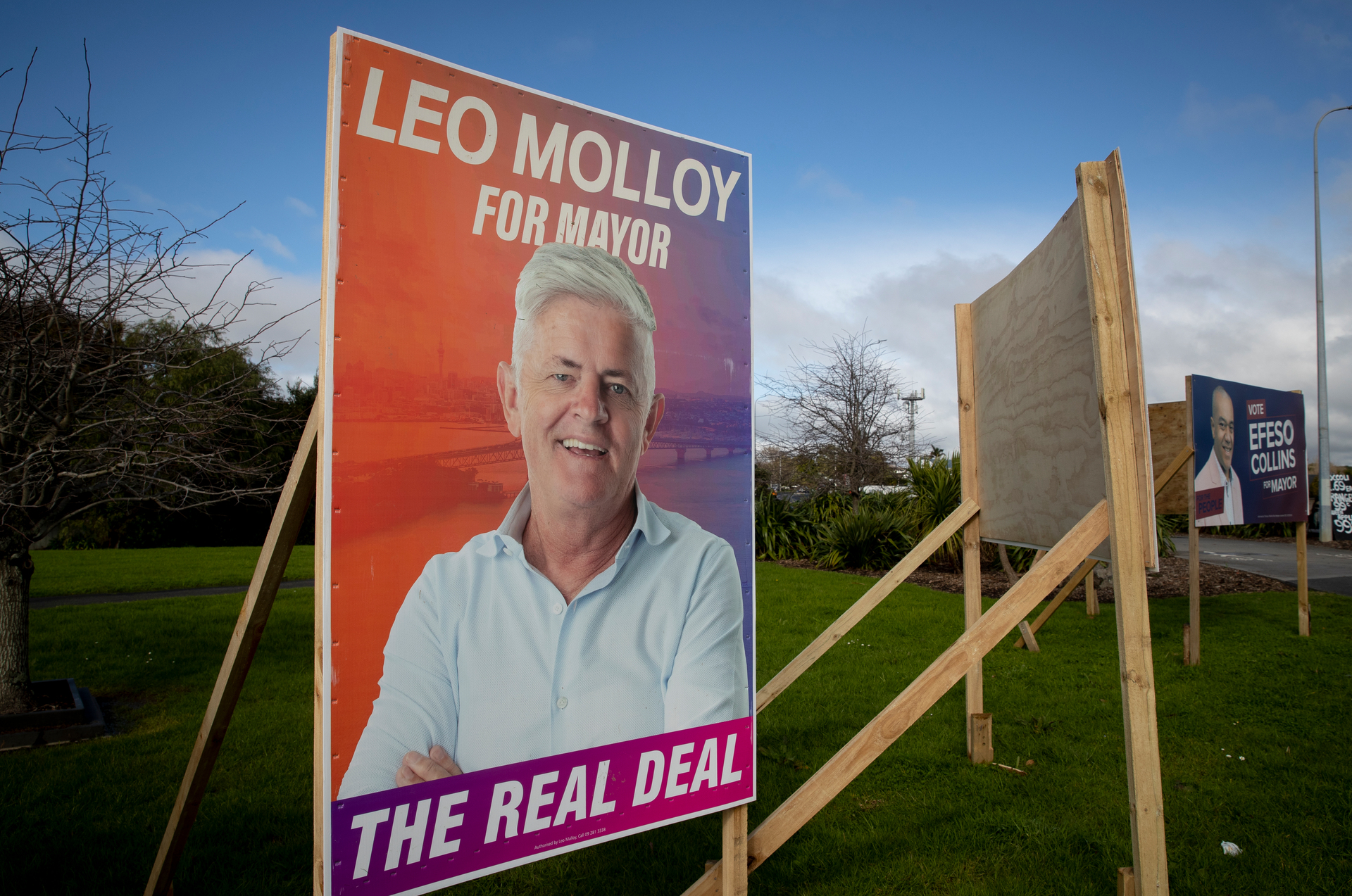 Auckland mayoral candidate Leo Molloy billboards as part of the election campaign. Photo / Dean Purcell