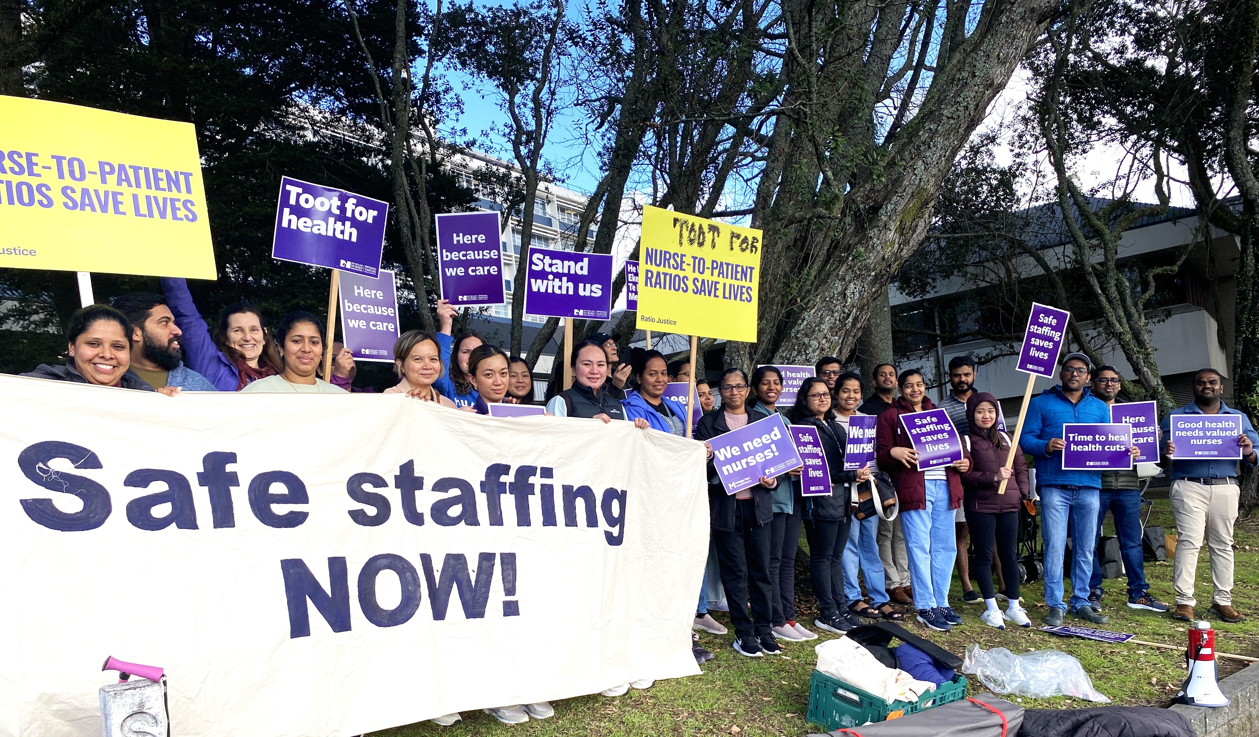 About 60 nurses took part in the industrial action, garnering plenty of support from passing motorists and pedestrians. Photo / Denise Piper