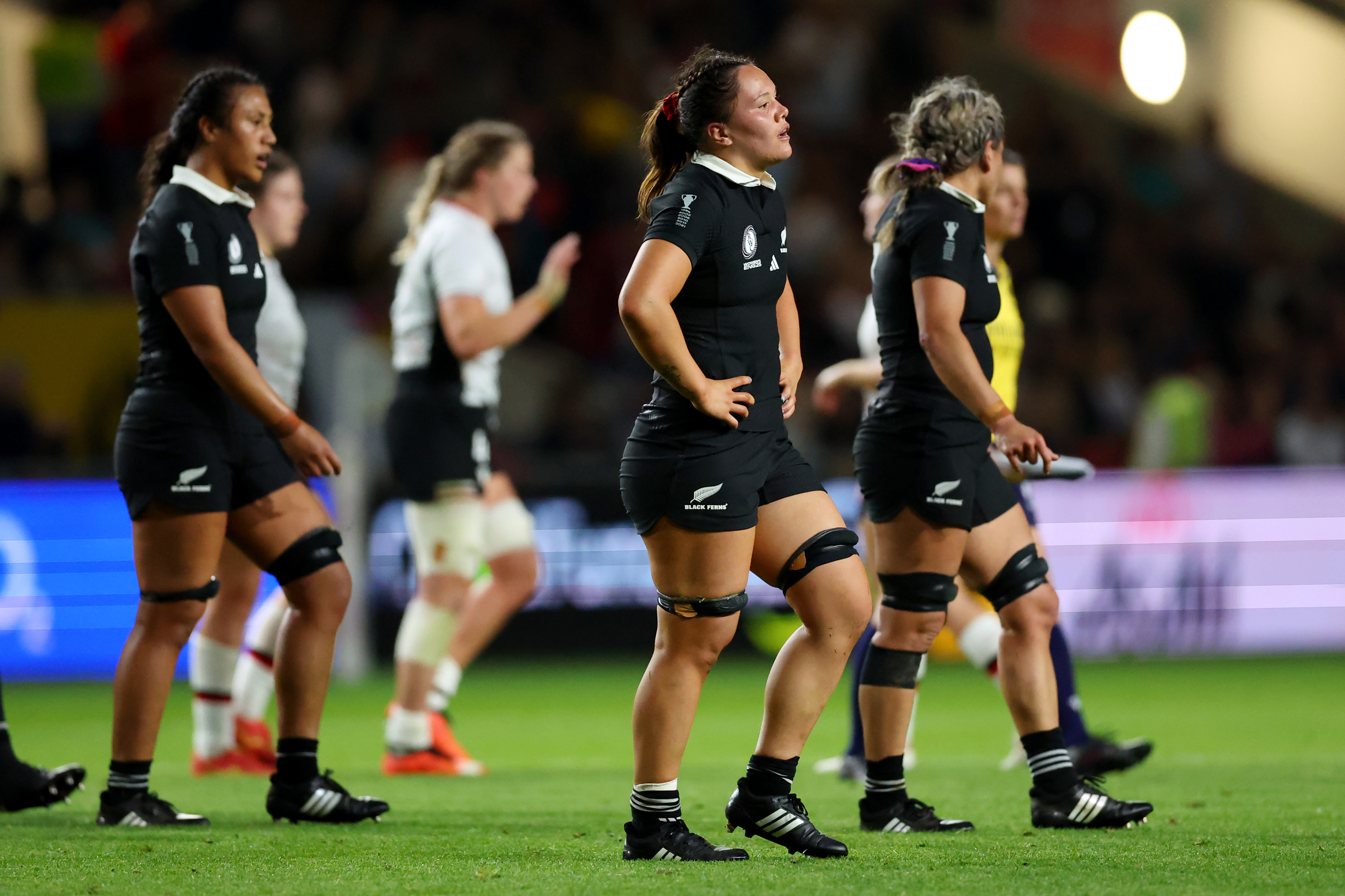 Kaipo Olsen-Baker reacts to the halftime whistle during the Women's Rugby World Cup 2025 semifinal between the Black Ferns and Canada. Photo / Getty Images