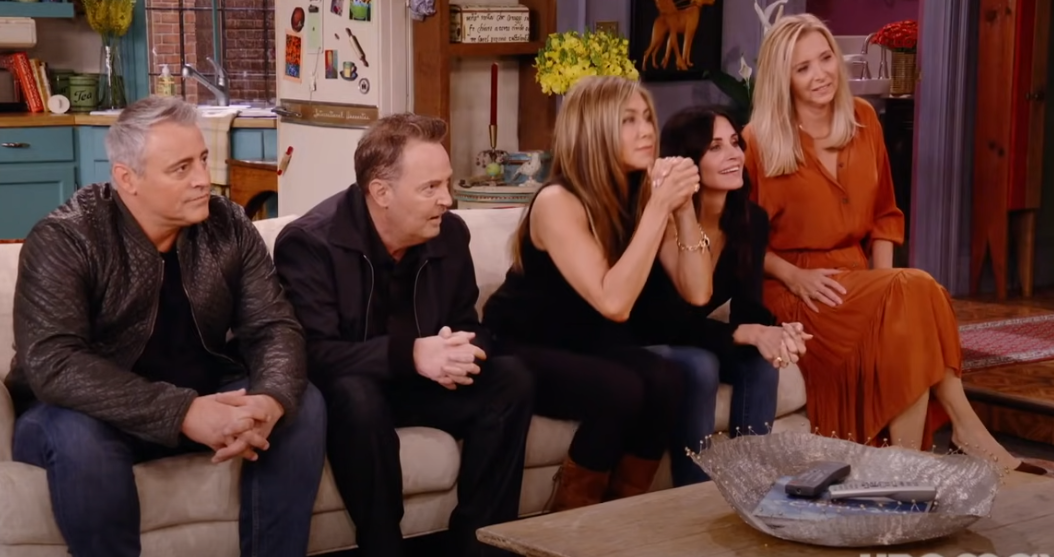 Matt LeBlanc, Matthew Perry, Rachel Aniston, Courteney Cox and Lisa Kudrow in the Friends reunion trailer. Screenshot / HBO Max
