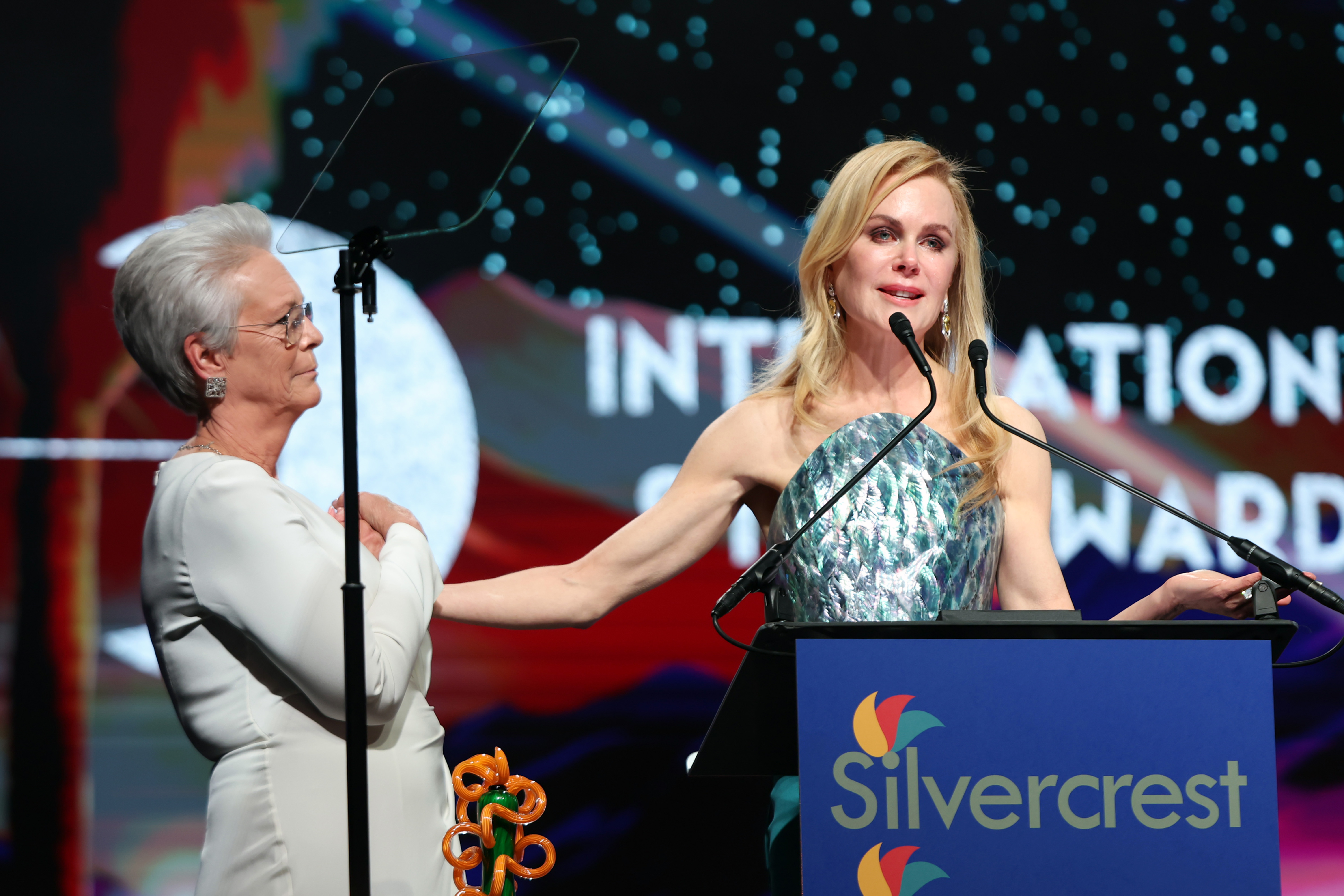 Nicole Kidman (right) accepts the International Star Award from Jamie-Lee Curtis (left) on stage during the 36th Annual Palm Springs International Film Awards at the Palm Springs Convention Centre on January 3, 2025 in Palm Springs, California. Photo / Getty Images