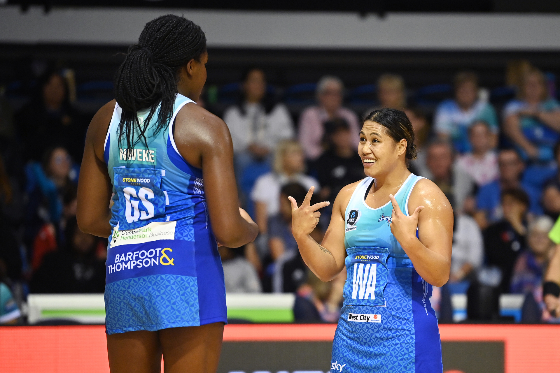 Northern Mystics' Grace Nweke and Peta Toeava. Photo / Photosport