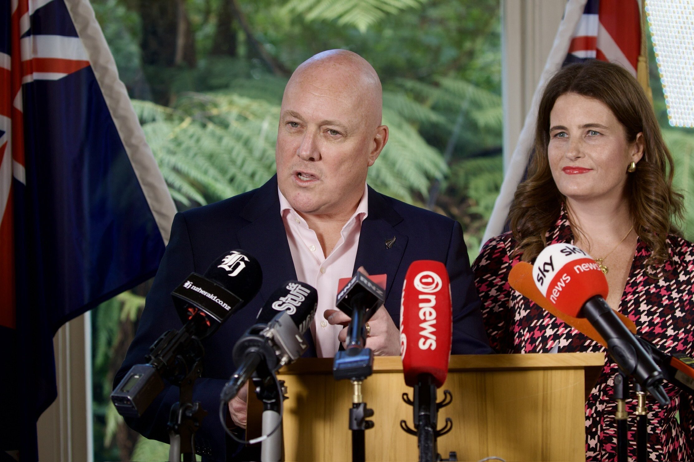 Prime Minister Christopher Luxon announces the cabinet reshuffle with Finance Minister Nicola Willis. Photo / Mark Mitchell