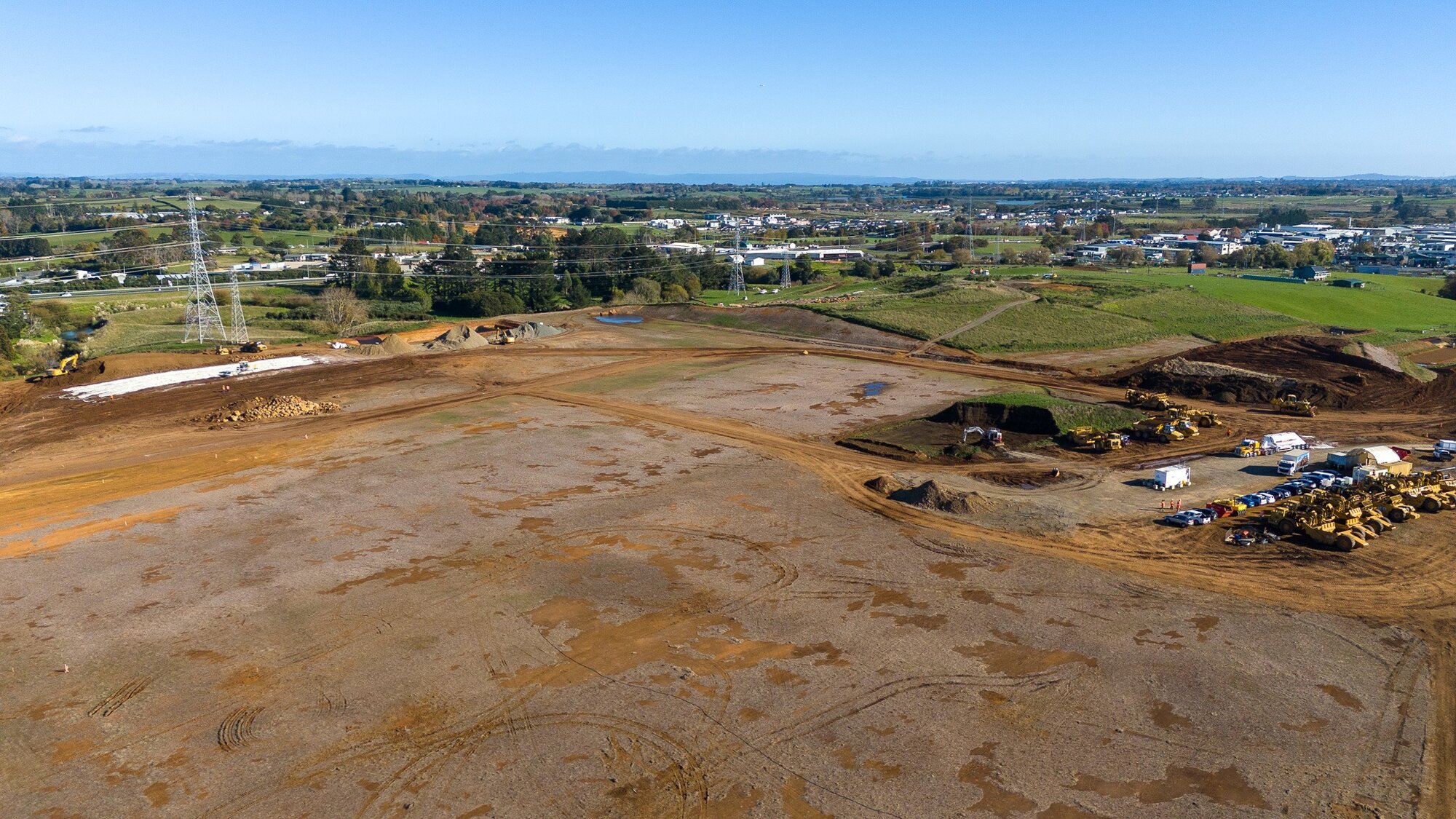 The Drury land development site as at May, 2025. A site is being prepared to be sold to Foodstuffs for a New World supermarket. Photo / Kiwi Property Group