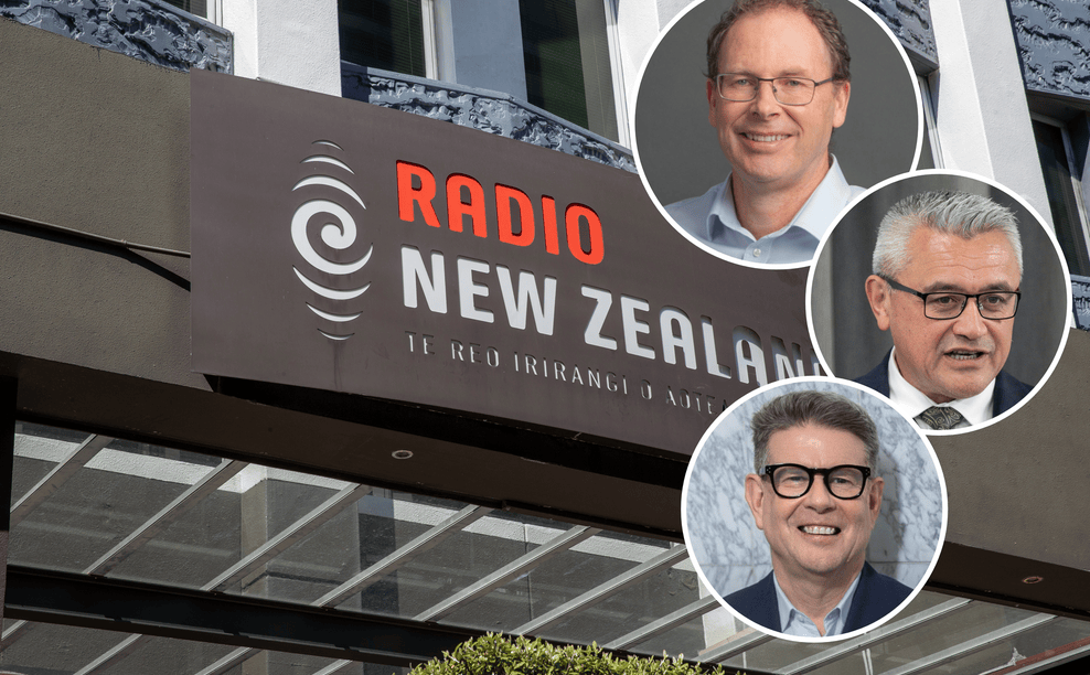 RNZ chief executive Paul Thompson (top), outgoing chair Jim Mather (centre) and Morning Report co-host John Campbell (bottom). Plus, TVNZ political editor Maiki Sherman. Photos / RNZ, TVNZ, supplied