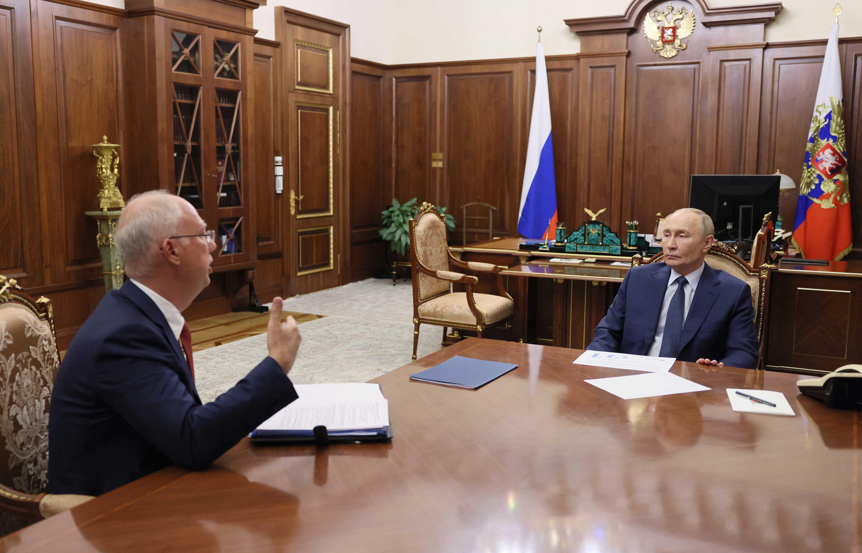 Russia's President Vladimir Putin meets with the head of Russia’s sovereign wealth fund, Kirill Dmitriev, at the Kremlin in Moscow in January. Photo / Alexander Kazakov / Pool / AFP