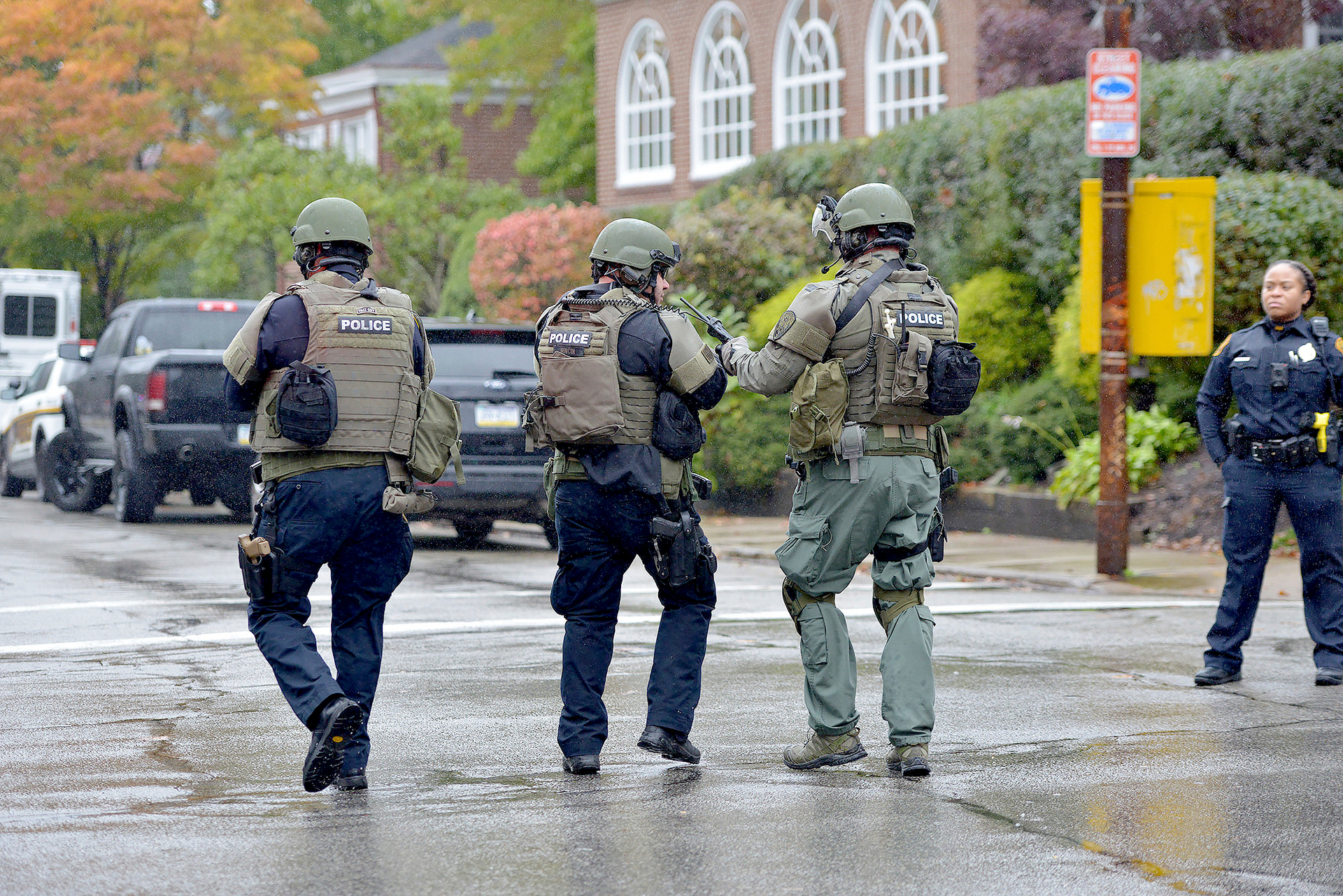 Police respond to an active shooter situation at the Tree of Life synagogue. Photo / AP