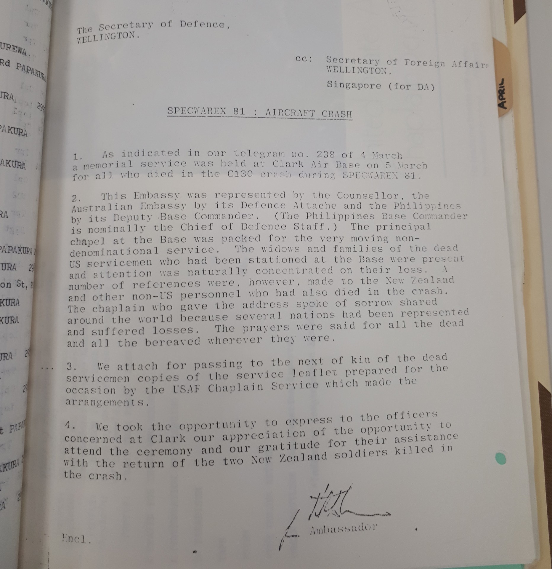 An ambassador report, copied to the NZSAS, of the service for two NZSAS personnel killed in an exercise. Photo / Supplied