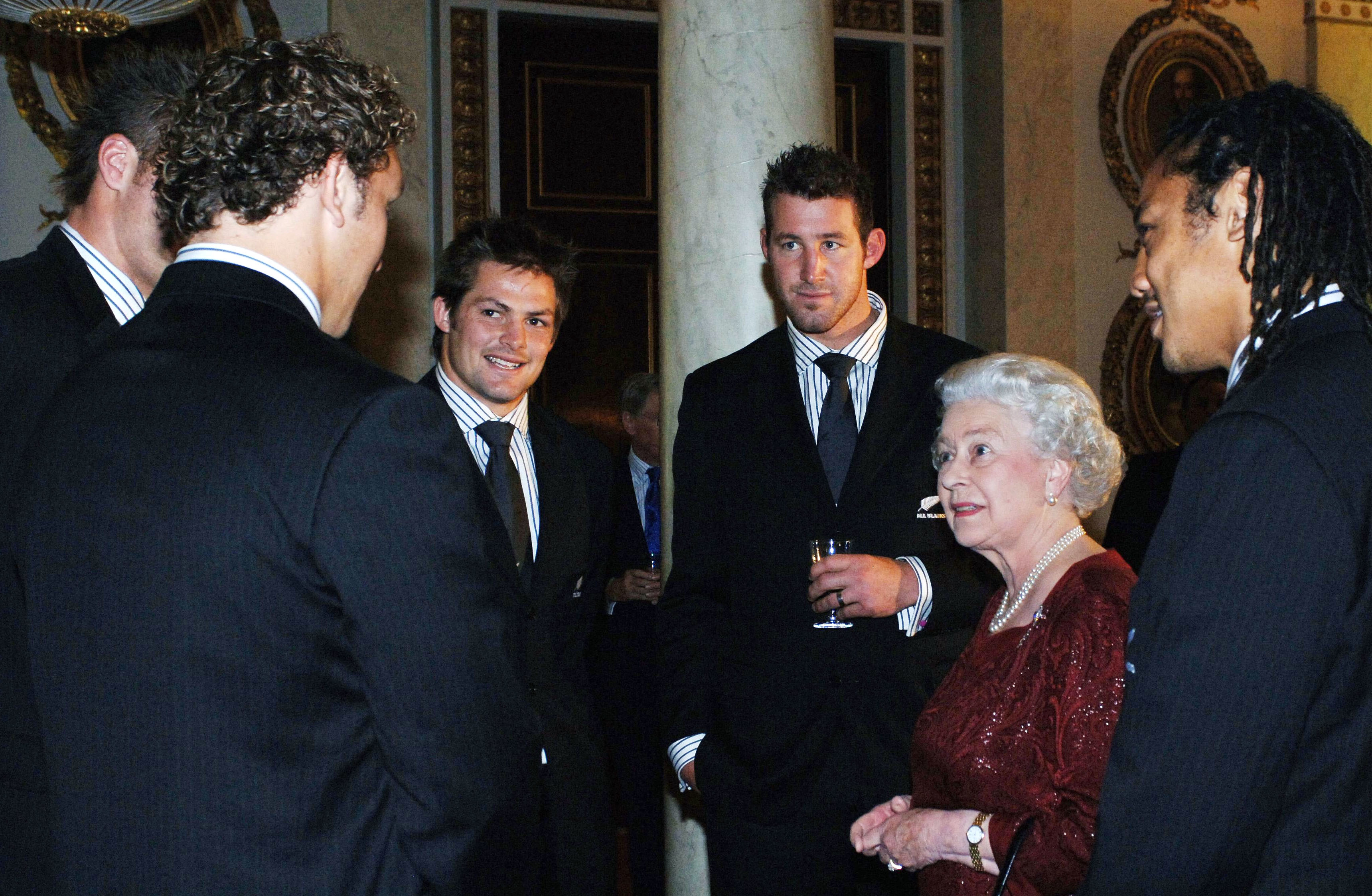 Queen Elizabeth II meets members of the All Blacks. Photo / Getty Images