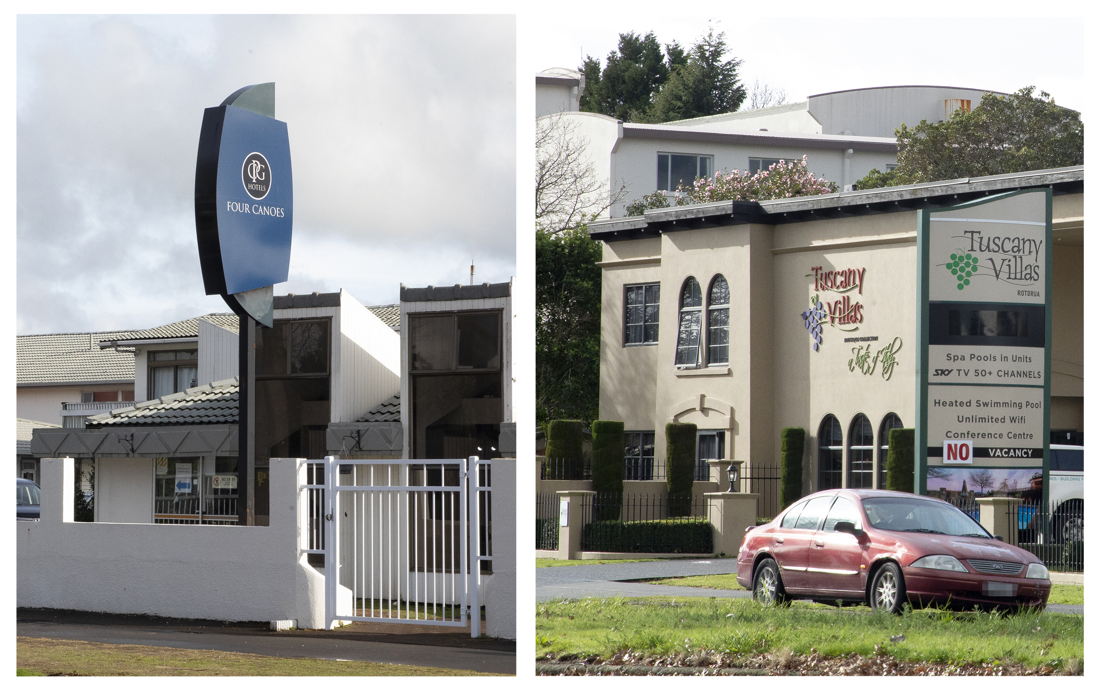 Covid 19-response motels Four Canoes Hotel (left) and Tuscany Villas on Fenton St in Rotorua. Photo / Andrew Warner