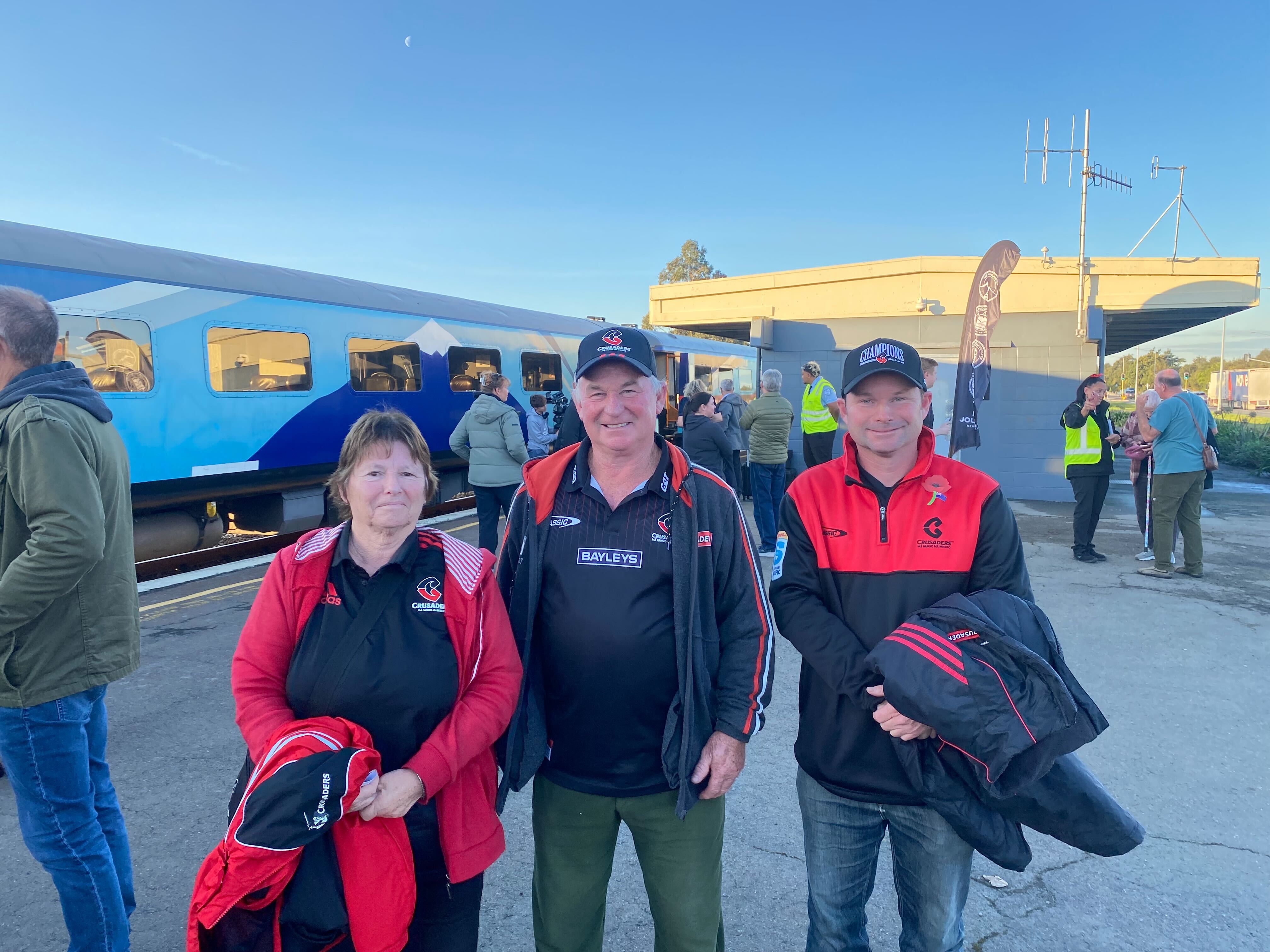 Shirley, Barry and Scott are Crusaders season ticket holders and travelled more than 160km from Waimate to get on the train to the new One NZ Stadium tonight. Photo / Jazlyn Whales