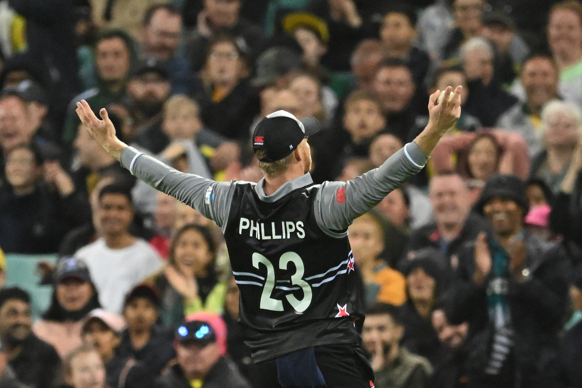 Glenn Phillips of New Zealand celebrates his catch of Marcus Stoinis. Photo / Photosport.co.nz