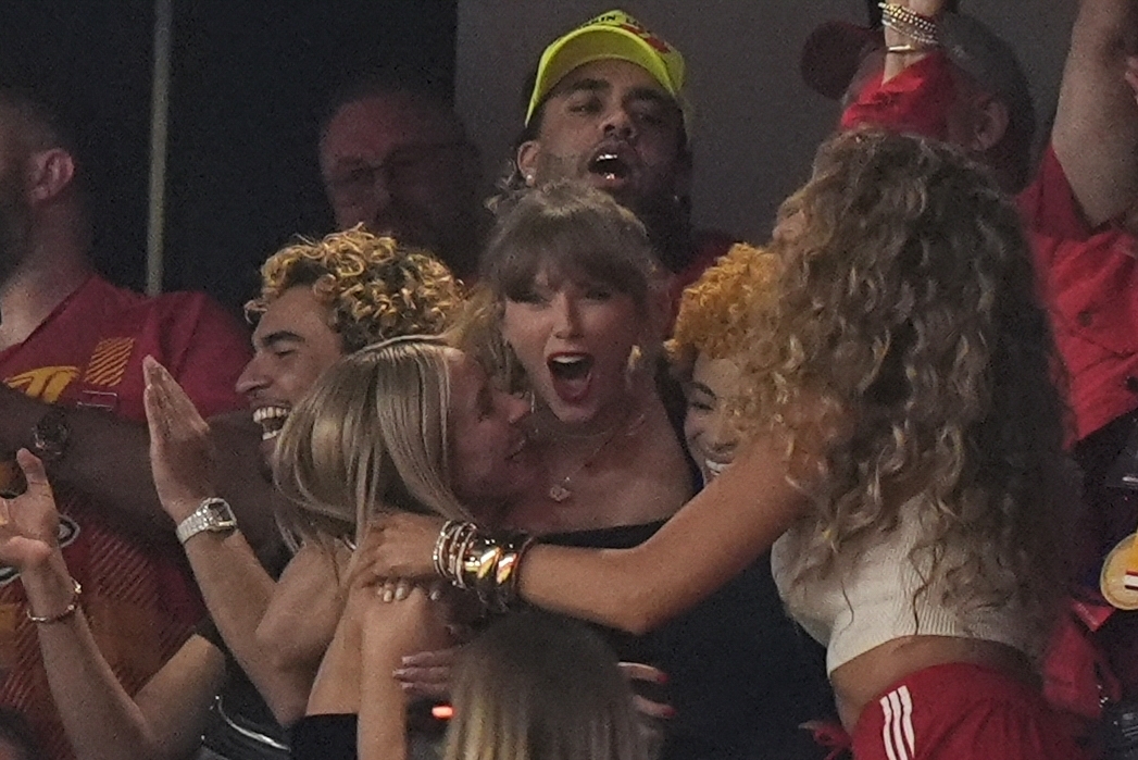 Taylor Swift celebrates with Ashley Avignone, Ice Spice and Blake Lively during the second half of the NFL Super Bowl. Photo / AP