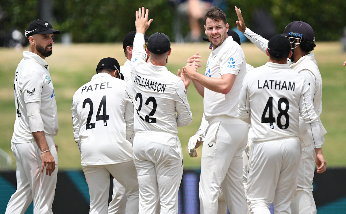Jacob Duffy celebrates a wicket on the final day of the third test between the Black Caps and West Indies at Bay Oval. Photo / Photosport