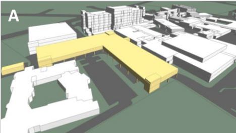 Option A is a single storey building elevated over the existing ED carpark and roadway. Image / Screenshot