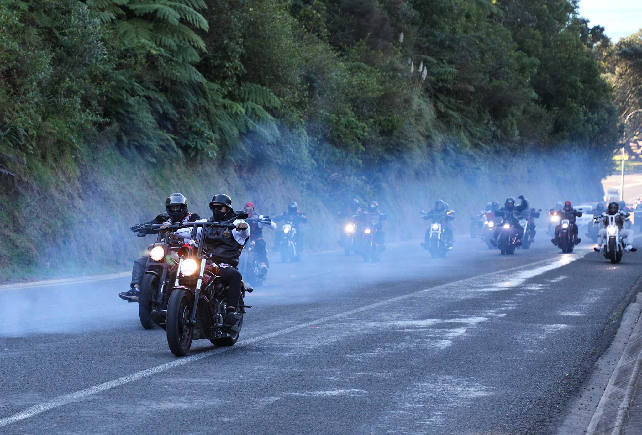 Funeral procession for Mongrel Mob Barbarians president Steven Taiatini on Ōhope Rd, Whakatāne. Photo / Andrew Warner