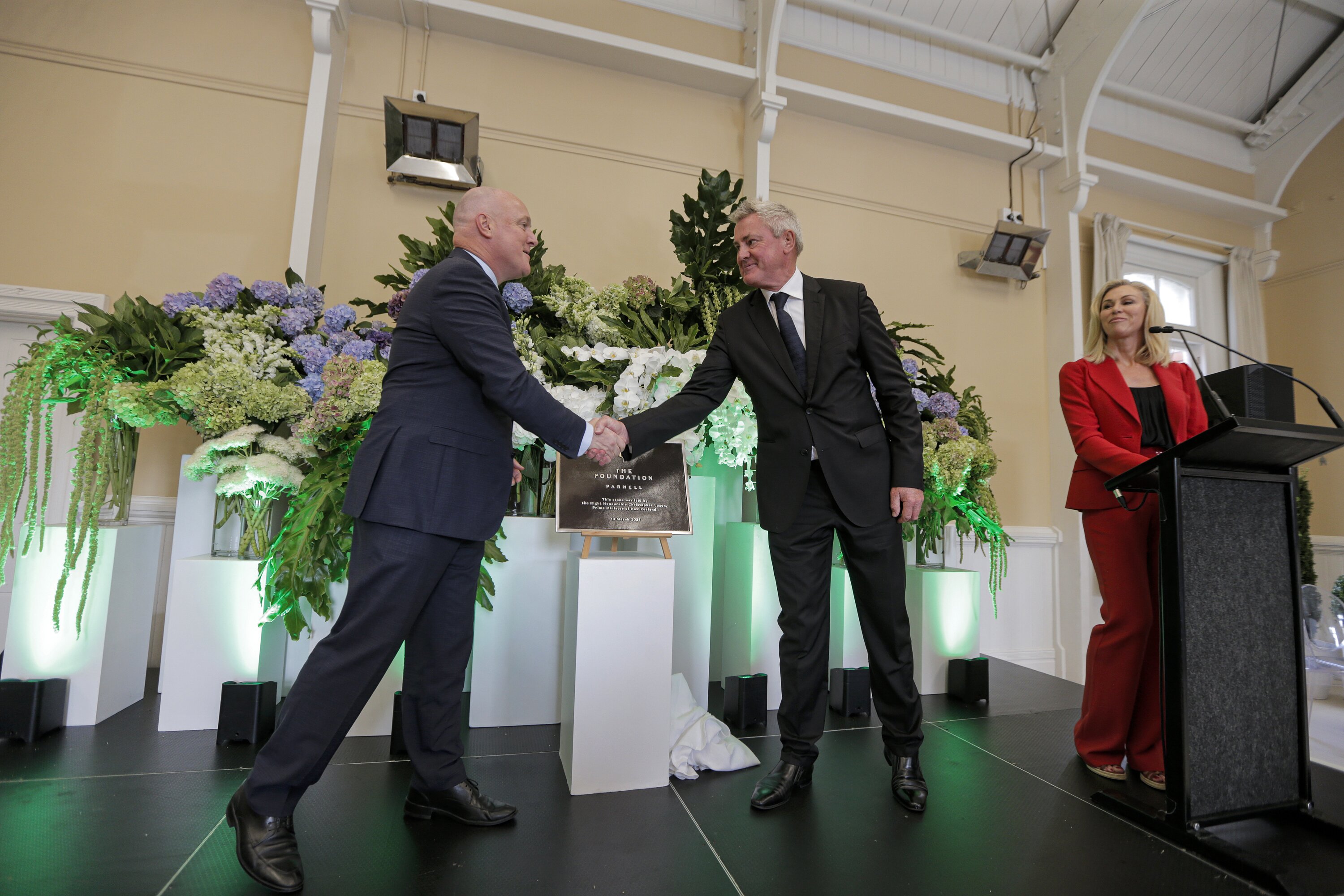 Prime Minister Christopher Luxon with Graham Wilkinson at The Foundation in March. Wendy Petrie (right) was MC at the gala event in Parnell. Photo / Alex Burton