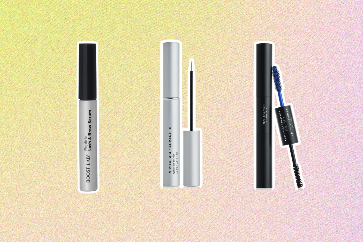 From left: Boost Lab Peptide+ Lash & Brow Serum; RevitaLash Advanced Lash Conditioner; RevitaLash Cosmetics Double Ended Volume Set Primer & Mascara.