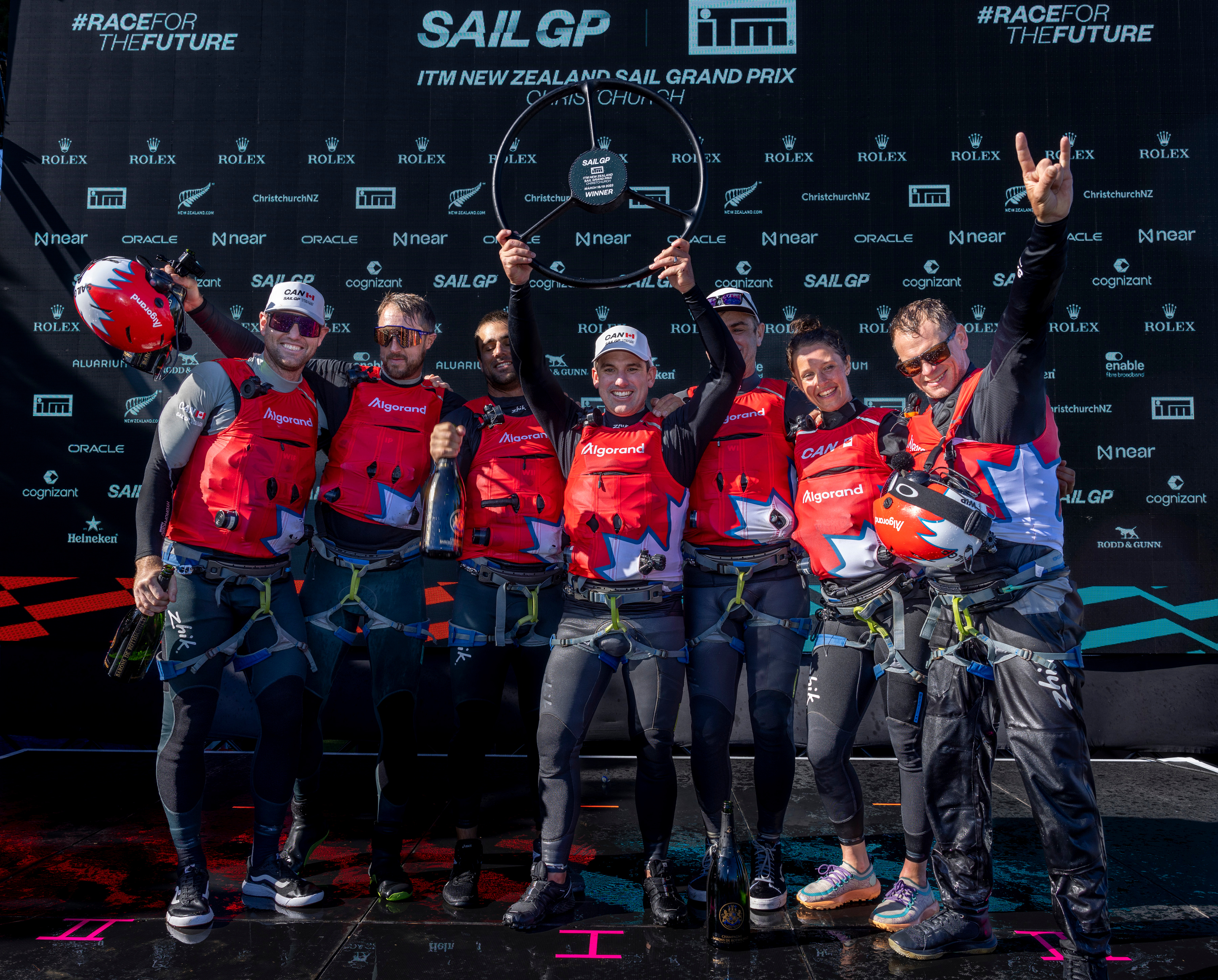 Phil Robertson (centre) has been replaced as driver for the Canada SailGP Team after two seasons at the helm. Photo / Felix Diemer, SailGP