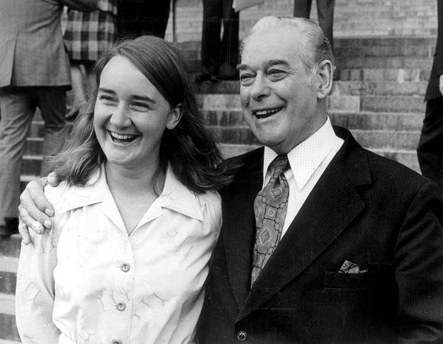 Sir Keith Holyoake with Miss Marilyn Waring, outside Parliament Buildings.