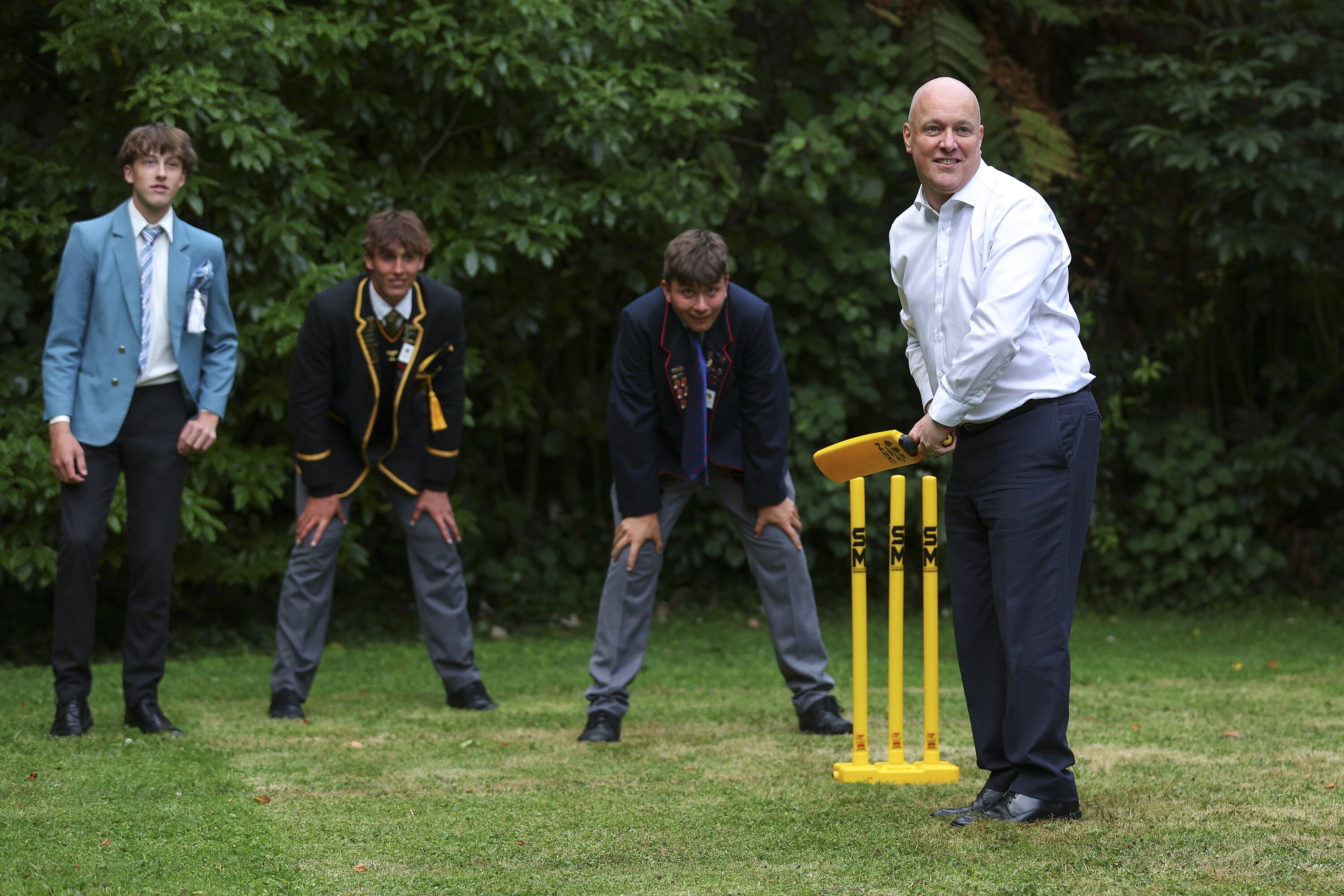 Prime Minister Christopher Luxon bats in a game of backyard cricket during a reception for the New Zealand and Australian test cricket teams at Premier House in Wellington. Photo / Hagen Hopkins