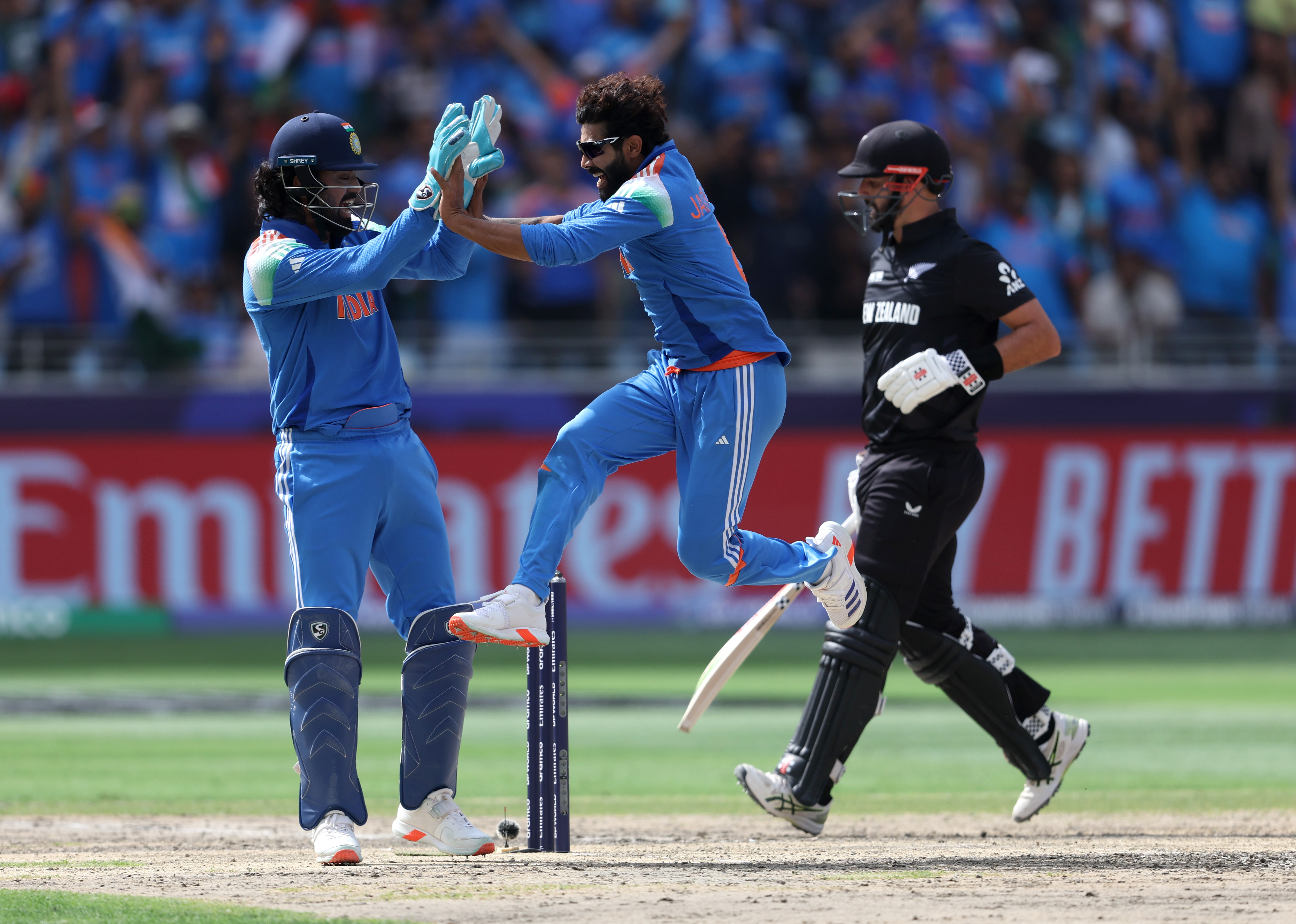 Ravindra Jadeja celebrates the wicket of Tom Latham. Photo / Getty Images