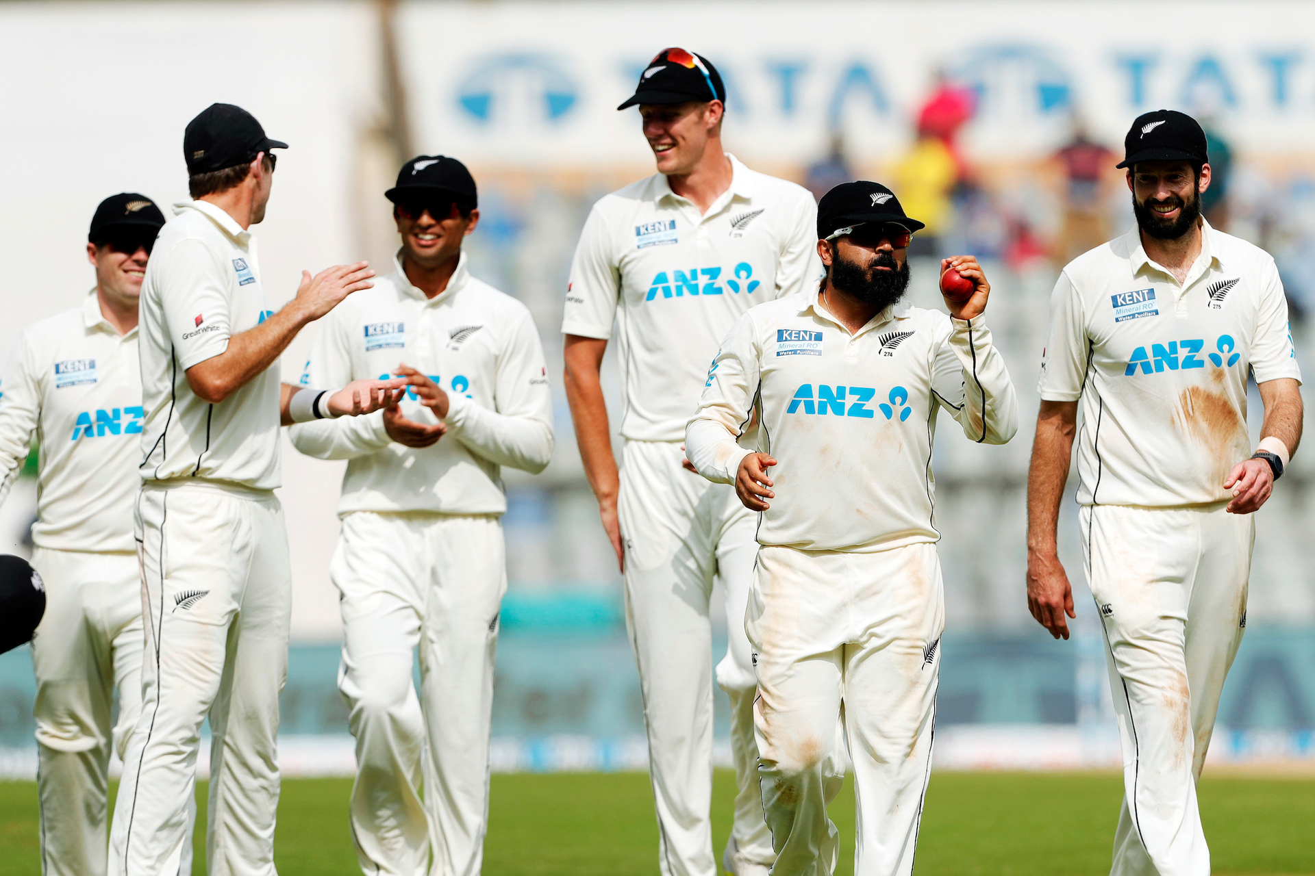 Ajaz Patel of New Zealand and all New Zealand players celebrating his 10th wicket in an innings during day two of the 2nd test match between India and New Zealand. Photo / Photosport.co.nz