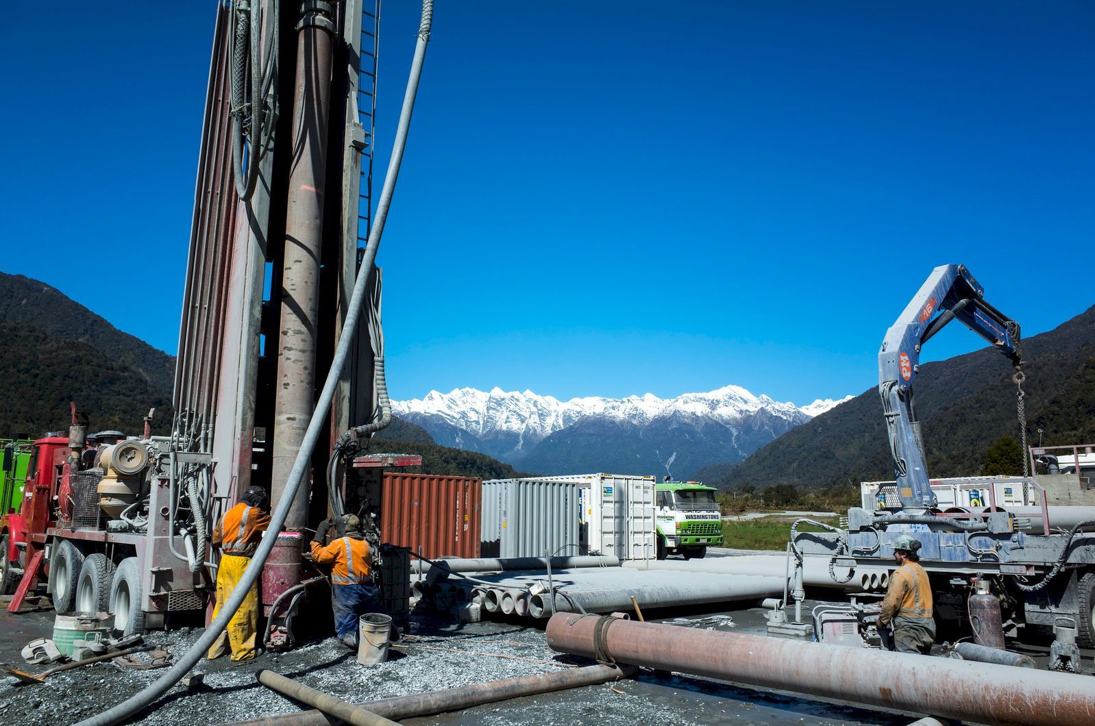 Engineers drill boreholes alongside the Alpine Fault at Whataroa, near Franz Josef, in 2014. Photo / Supplied