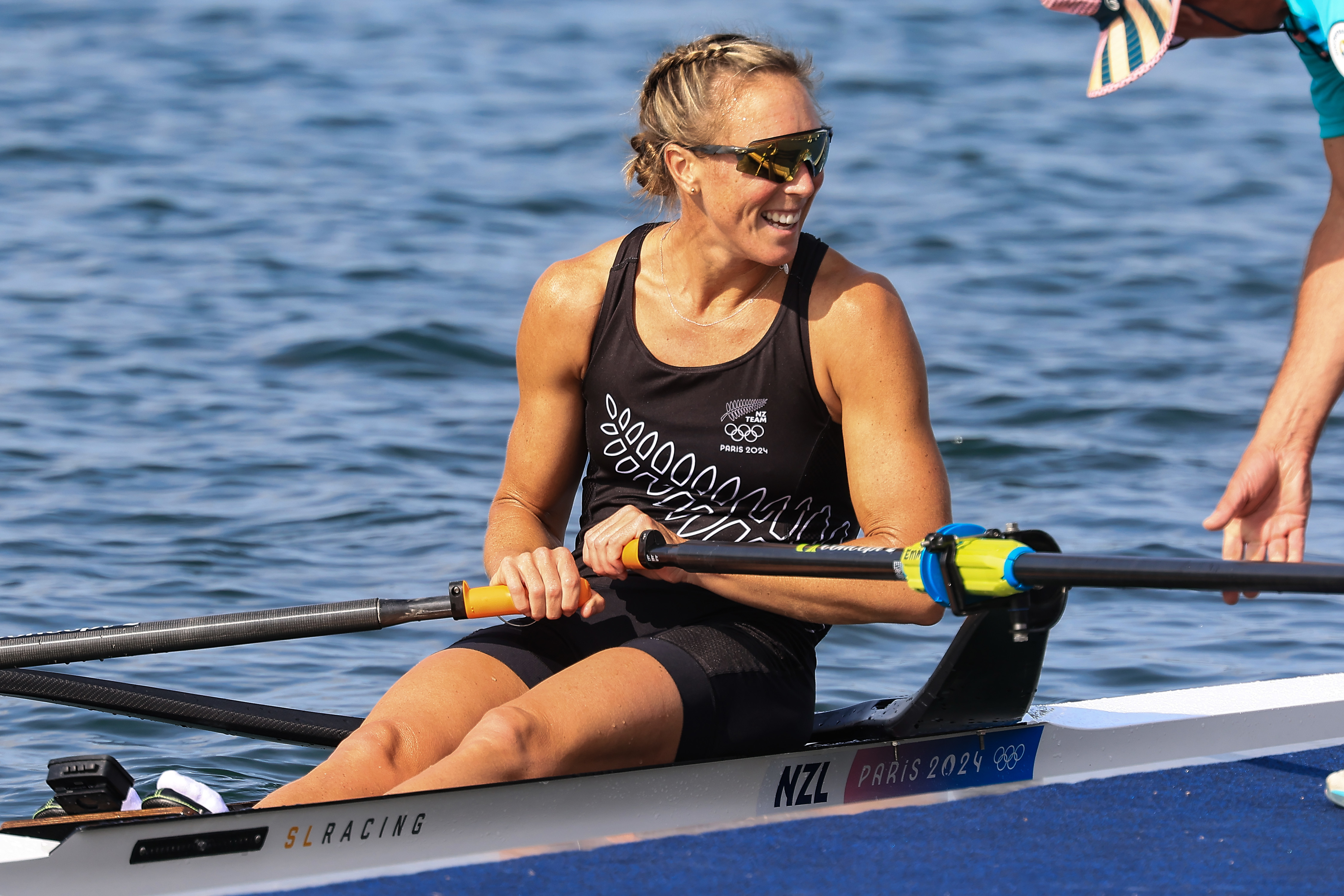 Emma Twigg after winning single sculls silver in Paris. Photo / Photosport