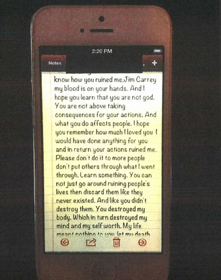 In a note, White goes on to say that her 'blood is on your hands' after addressing Carrey, and says that he 'destroyed' her body. Photo / Supplied