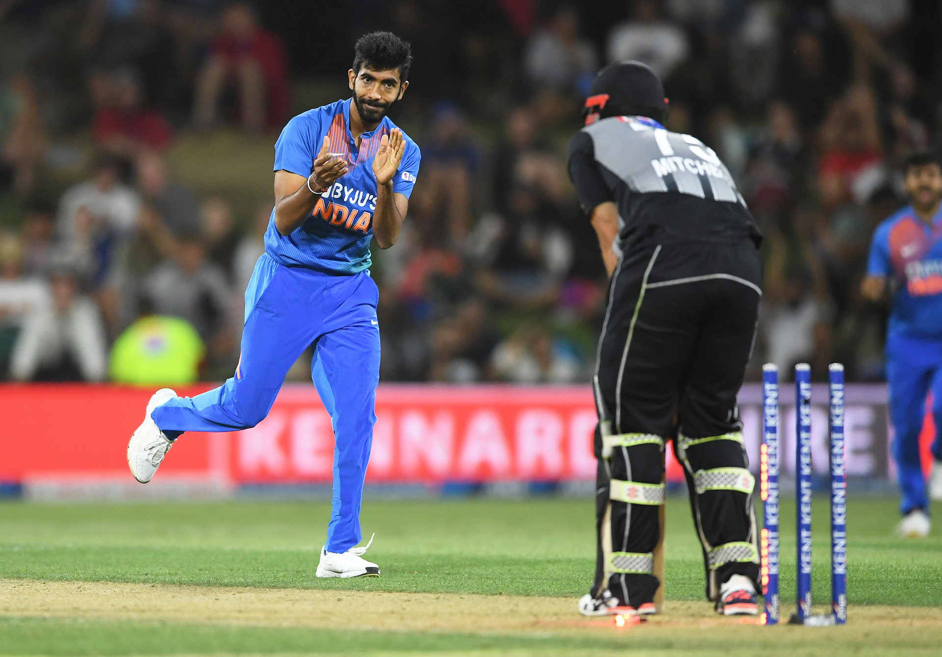 Daryl Mitchell is bowled by India's Jasprit Bumrah during a T20 match. Photo / Photosport 