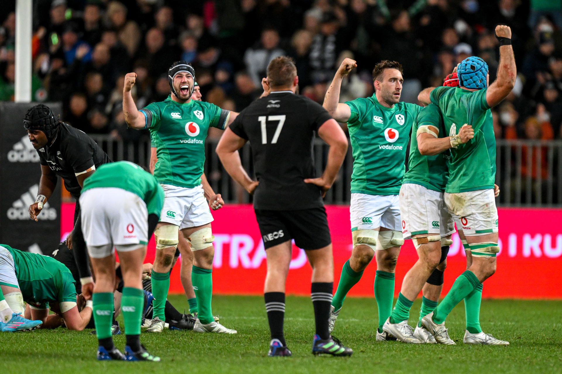 Ireland players celebrate victory at the final whistle at Forsyth Barr Stadium. Photosport