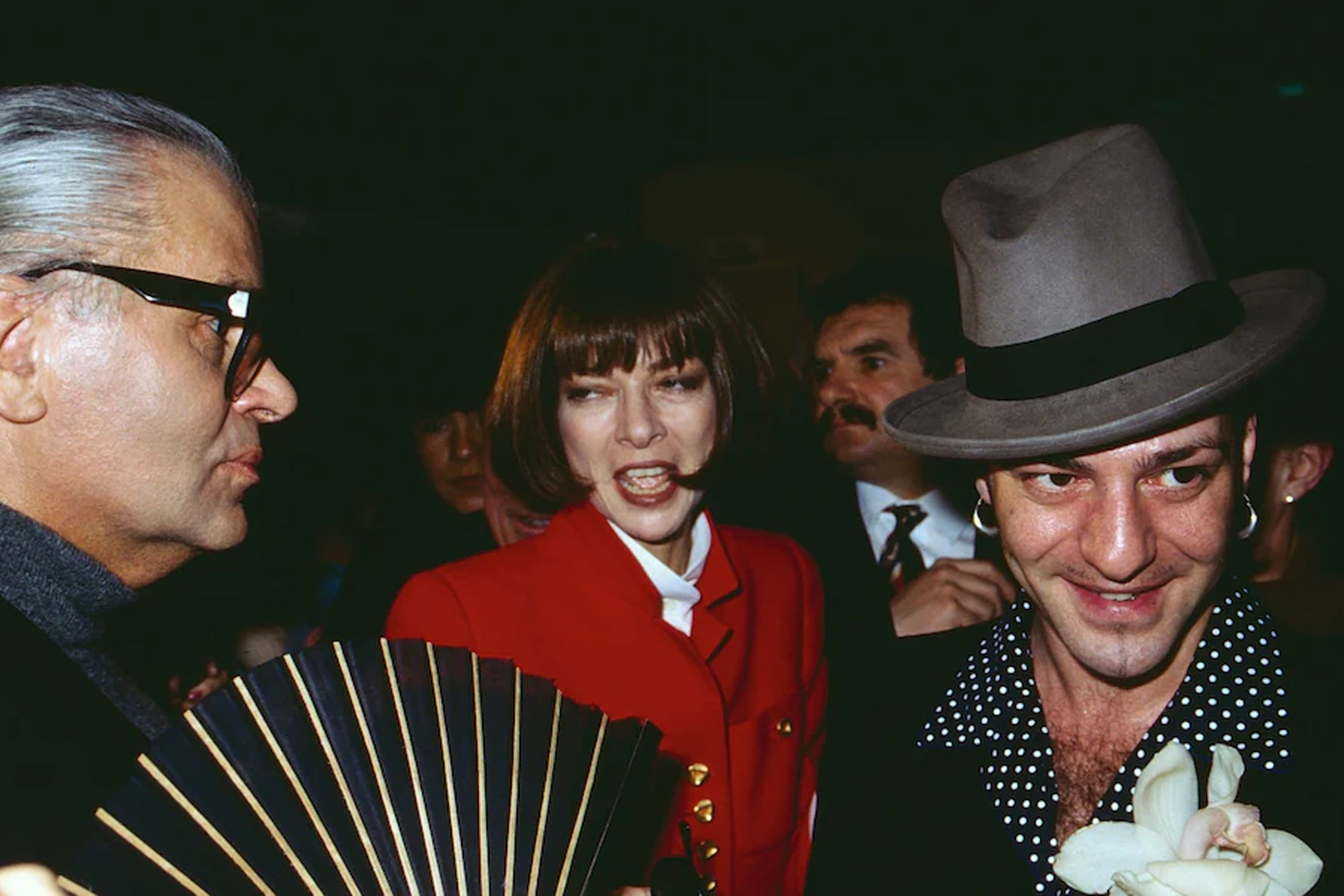 Karl Lagerfield, Anna Wintour and John Galliano at the Chanel show in Paris, 1993. Photo / Hulton Archive