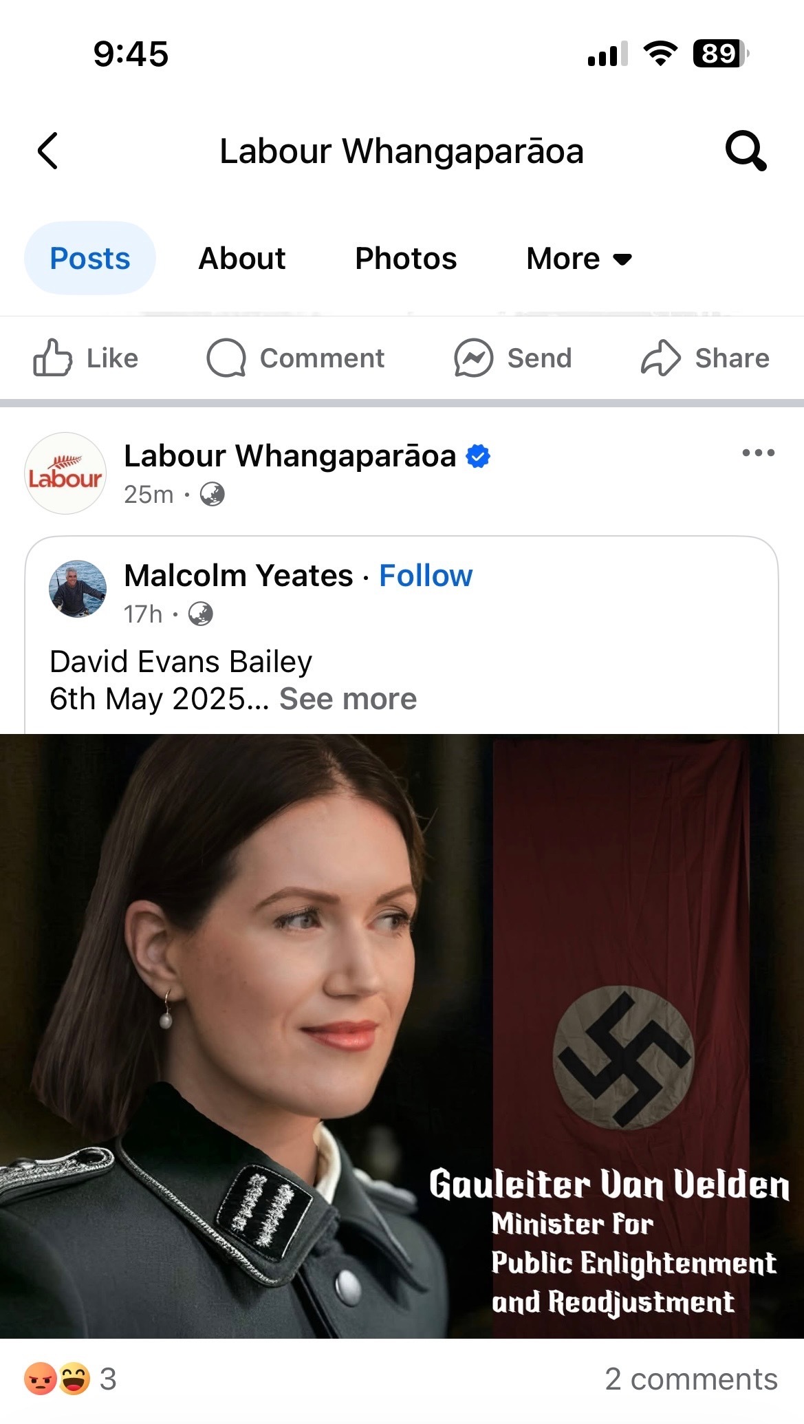 Labour Whangaparāoa's Facebook page shared an image of Workplace Relations Minister Brooke van Velden with Nazi regalia. Photo / Meta