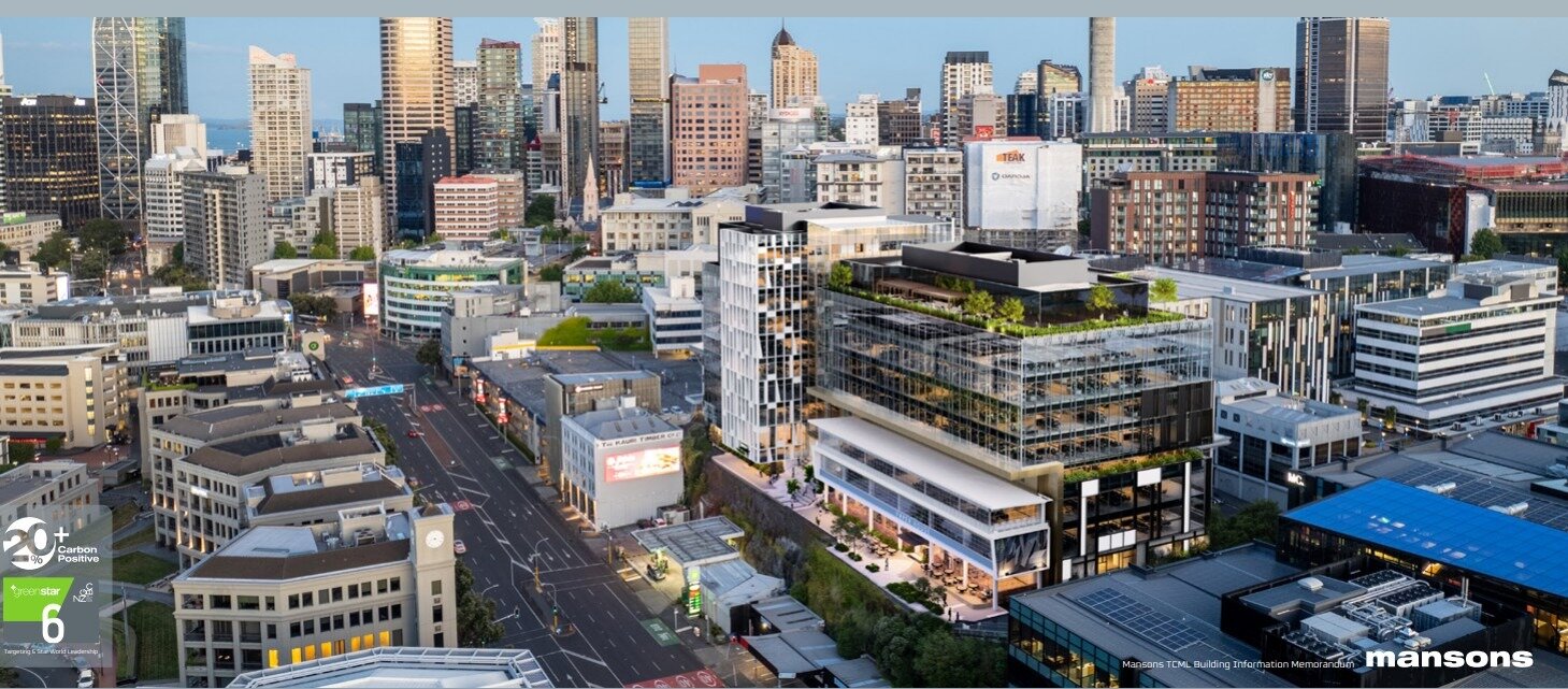  Plans for the new 11-level offices at 35 Graham St in Auckland's CBD. The new building is shown slightly to the right, above Fanshawe St in the centre. Image / Mansons TCLM