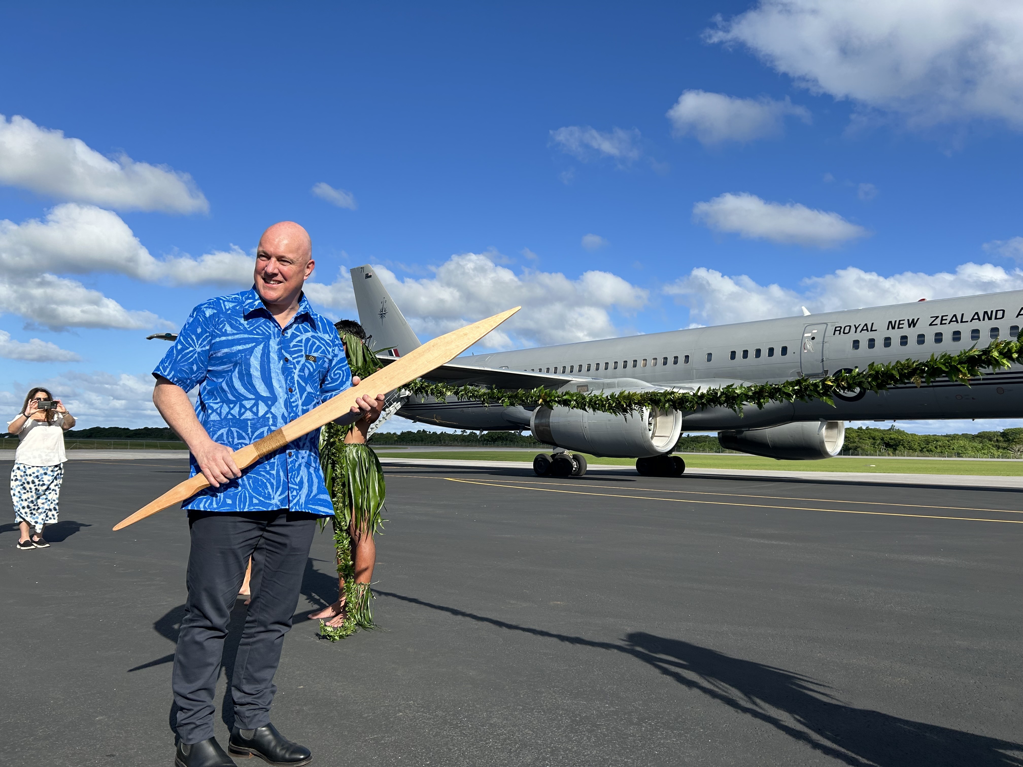 Prime Minister Christopher Luxon cutting the kapihi (ribbon) to open Niue's resurfaced airport runway that New Zealand helped fund. Photo / Adam Pearse
