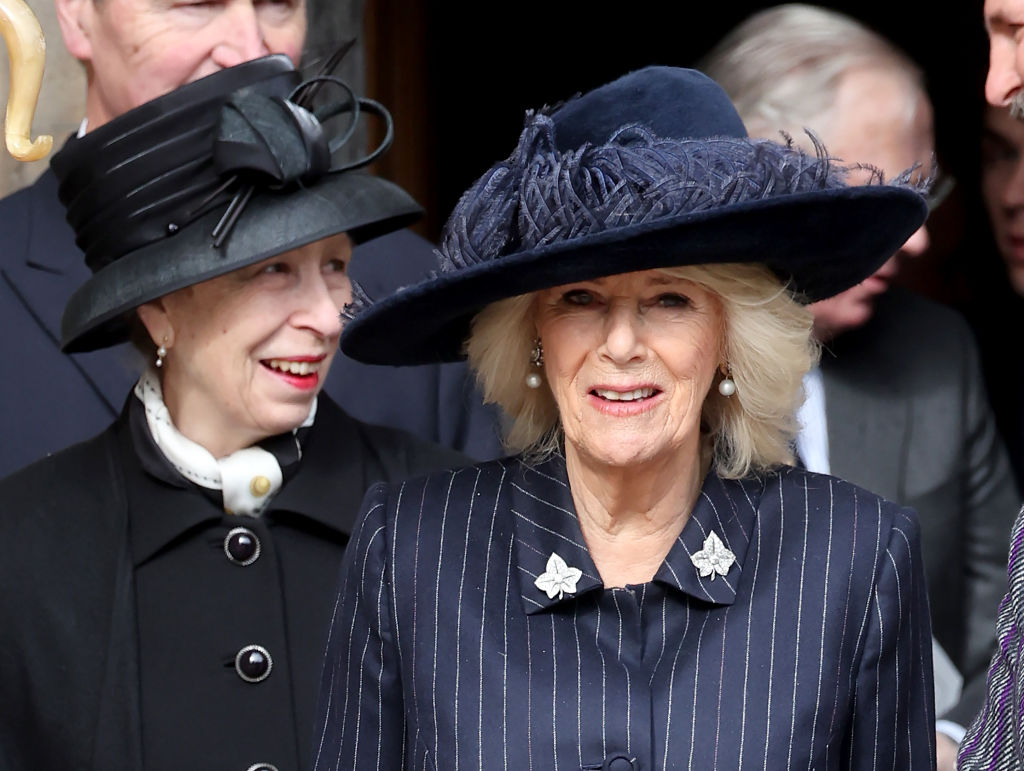 Queen Camilla and Princess Anne, Princess Royal depart the Thanksgiving Service for King Constantine at St George's Chapel in Windsor. Photo / Getty