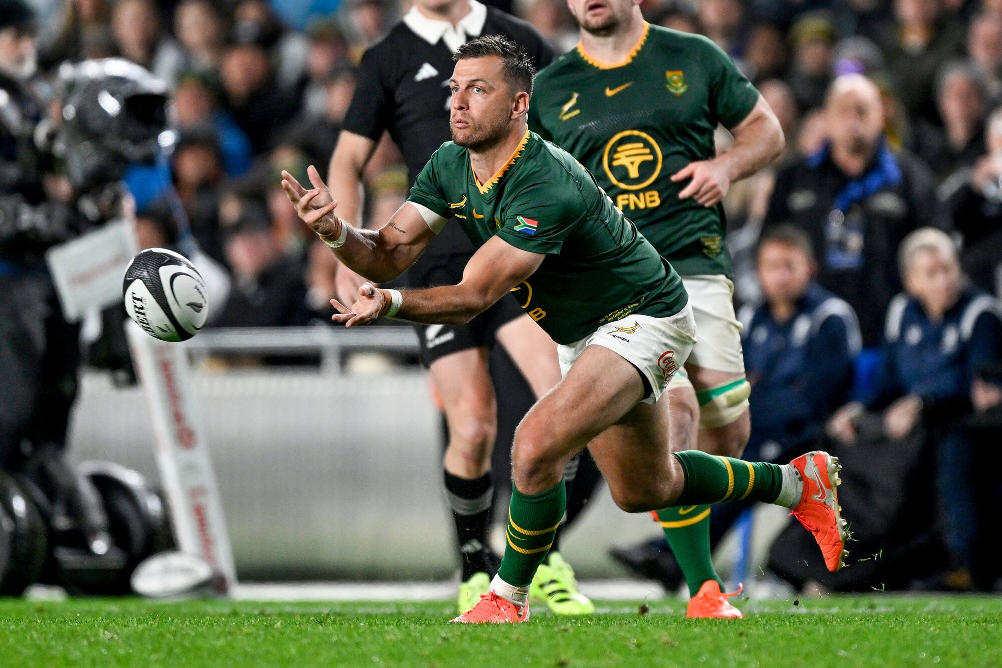 Handre Pollard gets the ball away against the All Blacks. Photo / Photosport