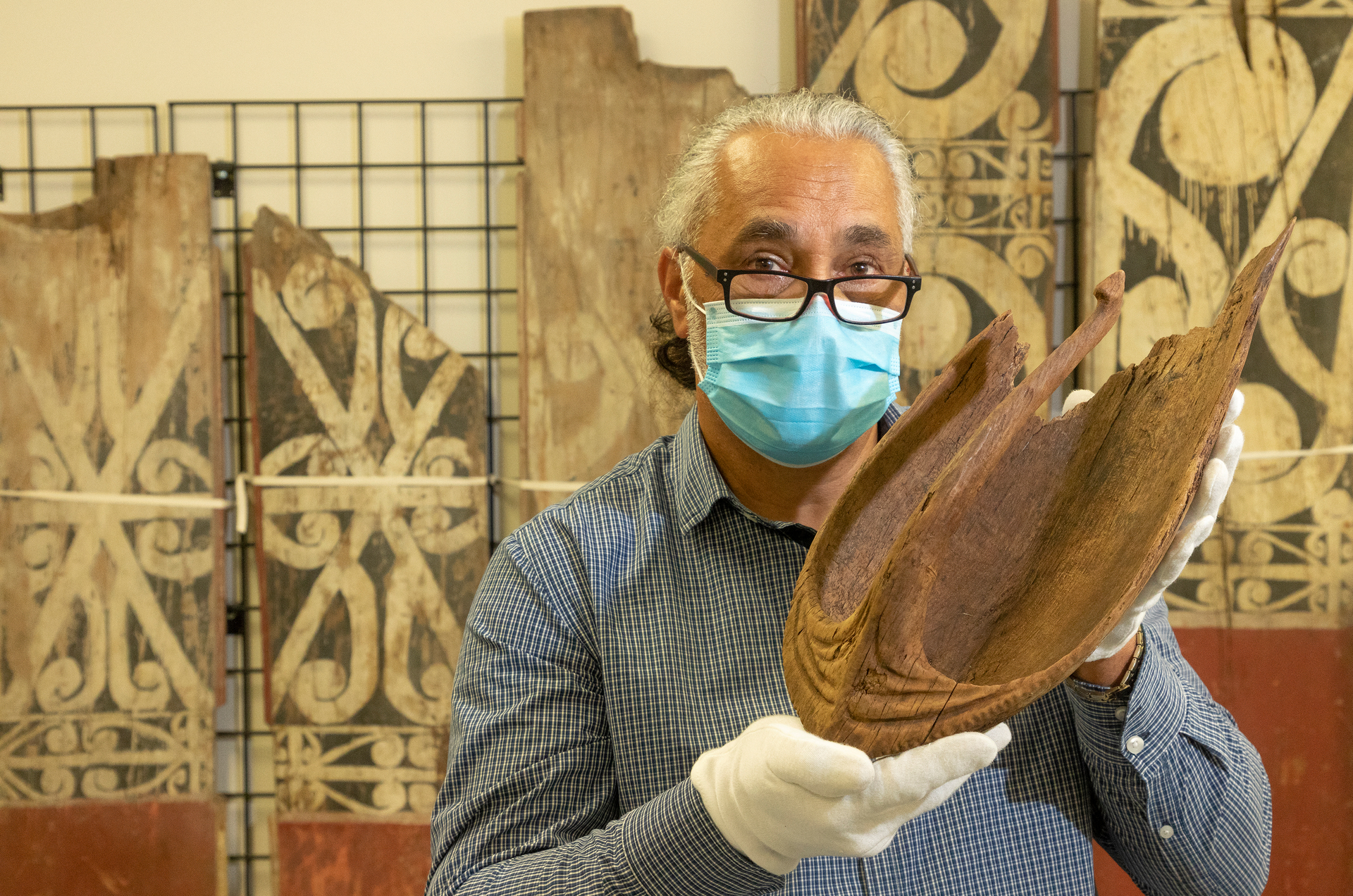 Maori cultural heritage manager Dean Flavell with one of Tauranga's oldest treasures, a traditional bailer depicted like a bird. Photo / Andrew Warner  