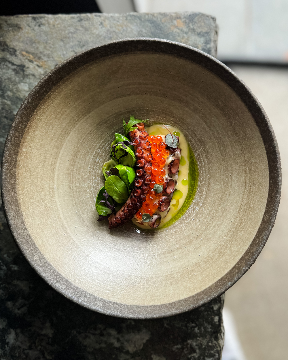 Octopus, salmon roe, Brussels sprouts and creme fraiche at restaurant Rātā.