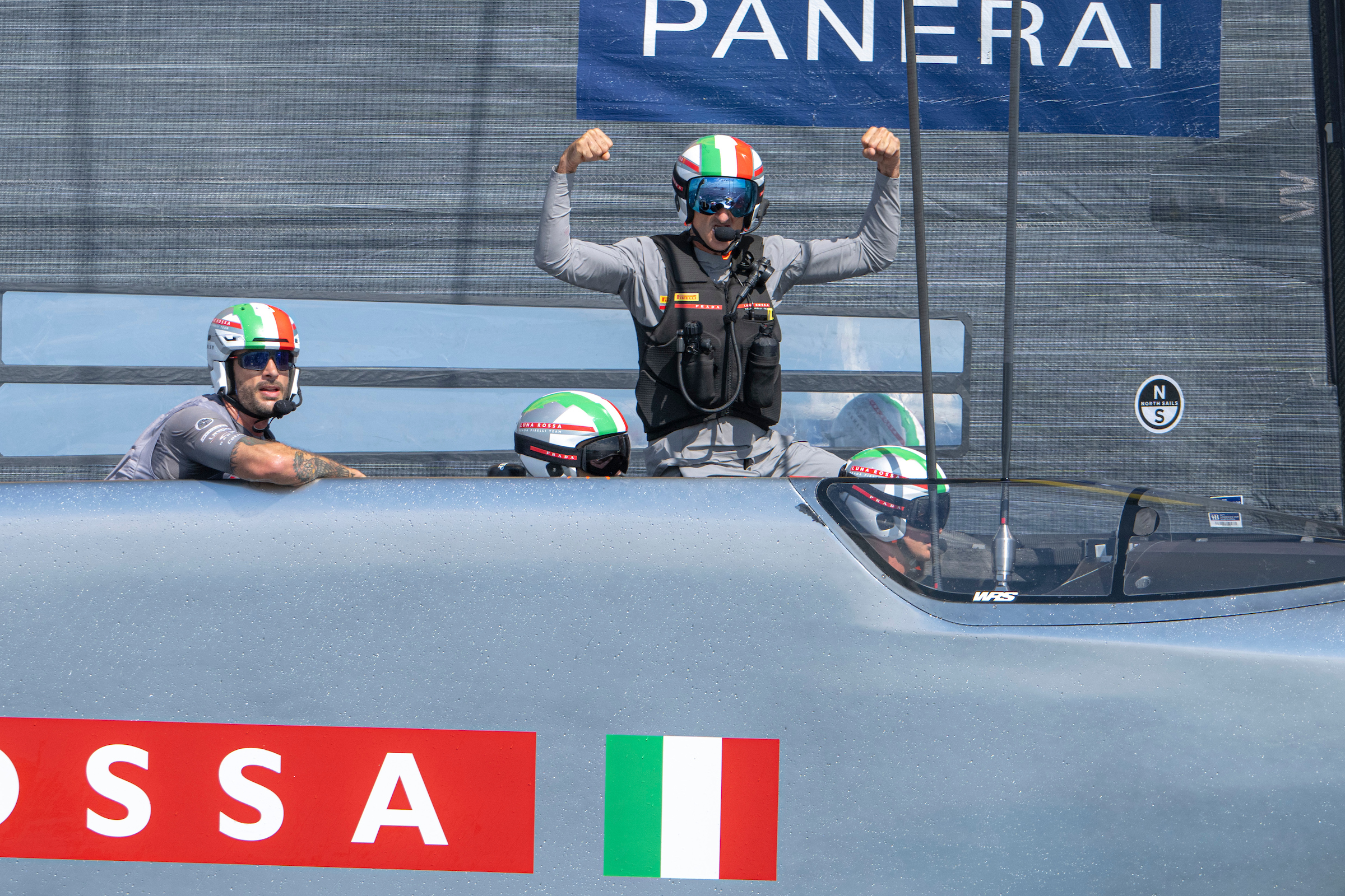 Luna Rossa co-helm Francesco Bruni celebrates after beating American Magic 5-3 in the Louis Vuitton Cup semifinal. Photo / Ricardo Pinto, America's Cup