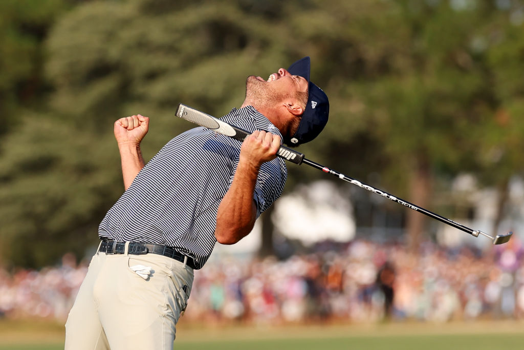 Bryson DeChambeau celebrates putting on the 18th green to win during the final round of the 124th U.S. Open. Photo / Getty Images