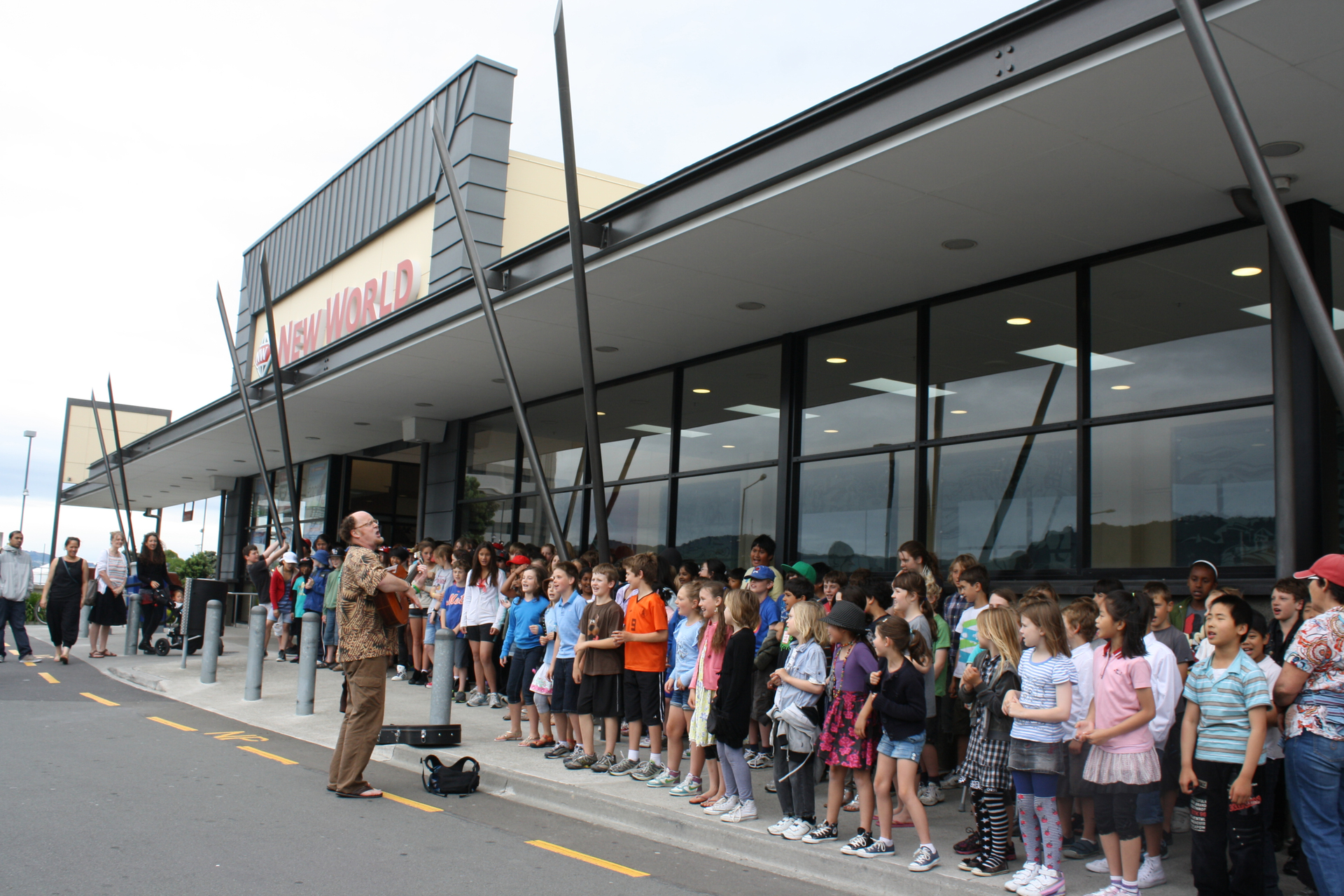 School students outside Chaffers New World in Wellington. Photo / Agnes Ginestet