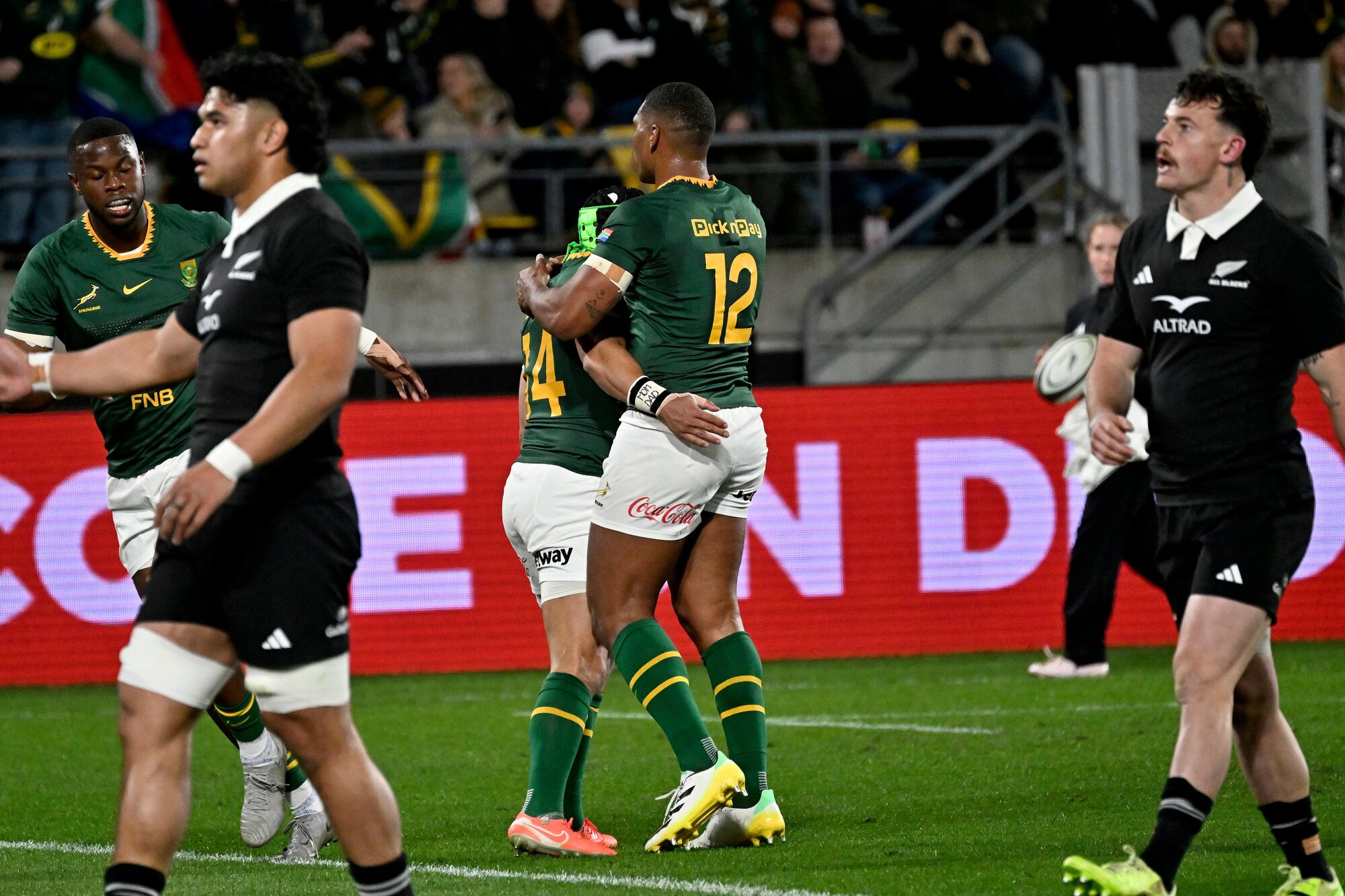 Cheslin Kolbe and Damian Willemse celebrate another try against the All Blacks in Wellington. Photo / Photosport