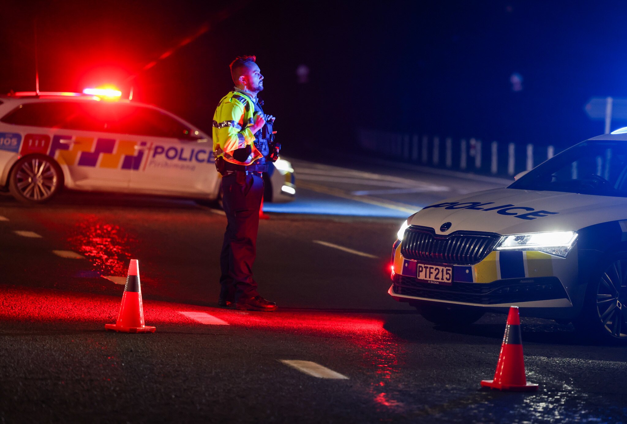 A police road block on State Highway 3 at Te Awa after a fatal crash closed the road. Photo / Mike Scott