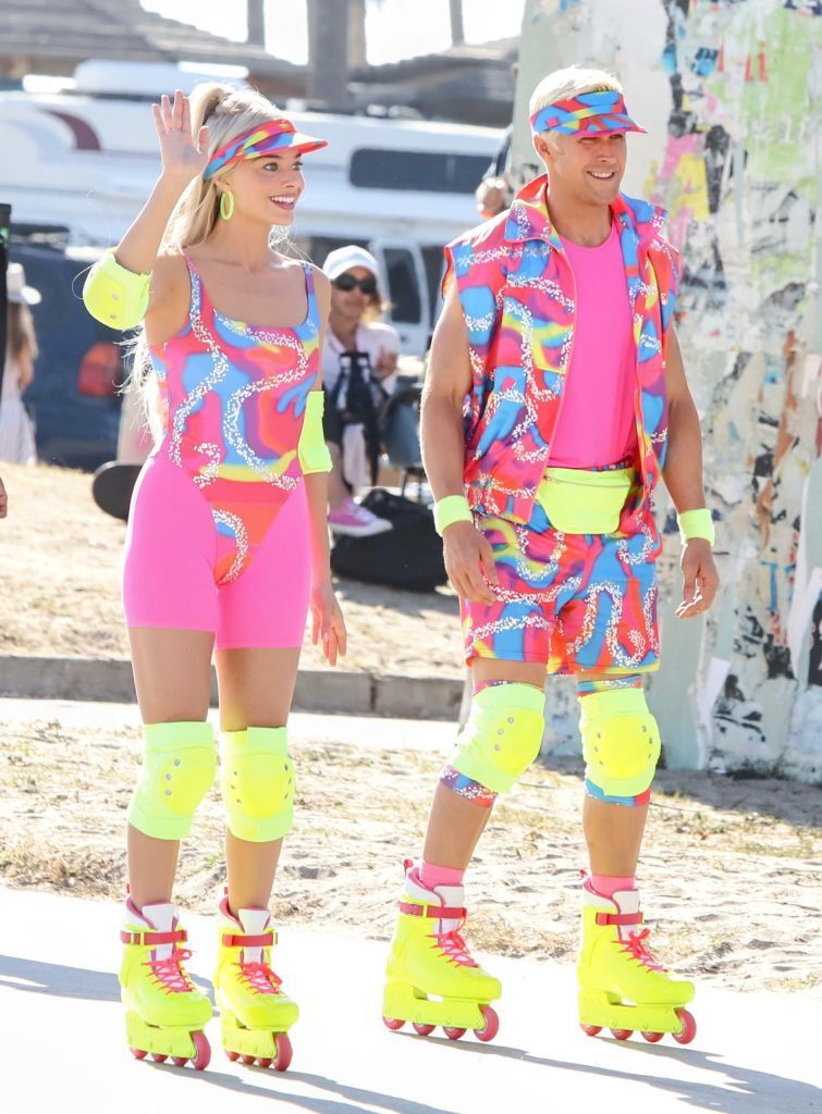 Margot Robbie and Ryan Gosling are seen rollerblading on the set of Barbie. Photo / Getty Images