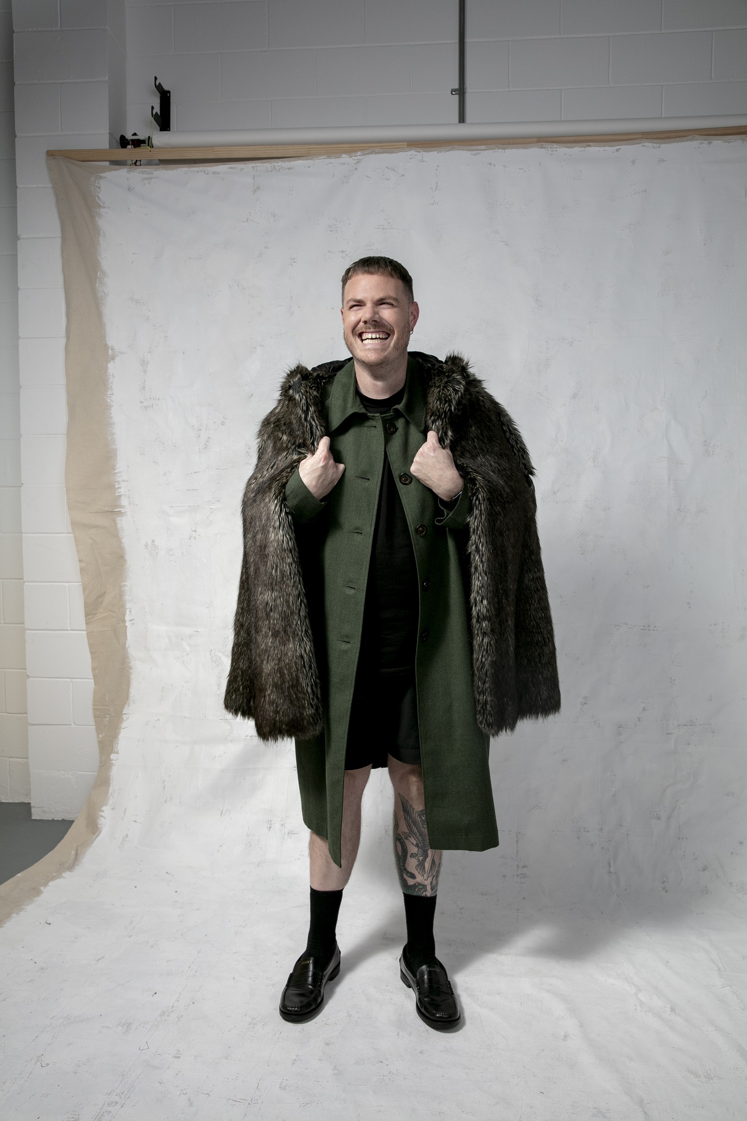 Sean Mahoney wears coat from Mrs Mia Wallace autumn/winter 2017 coat and faux-fur coat from Wolf autumn/winter 2007. Photo / Babiche Martens