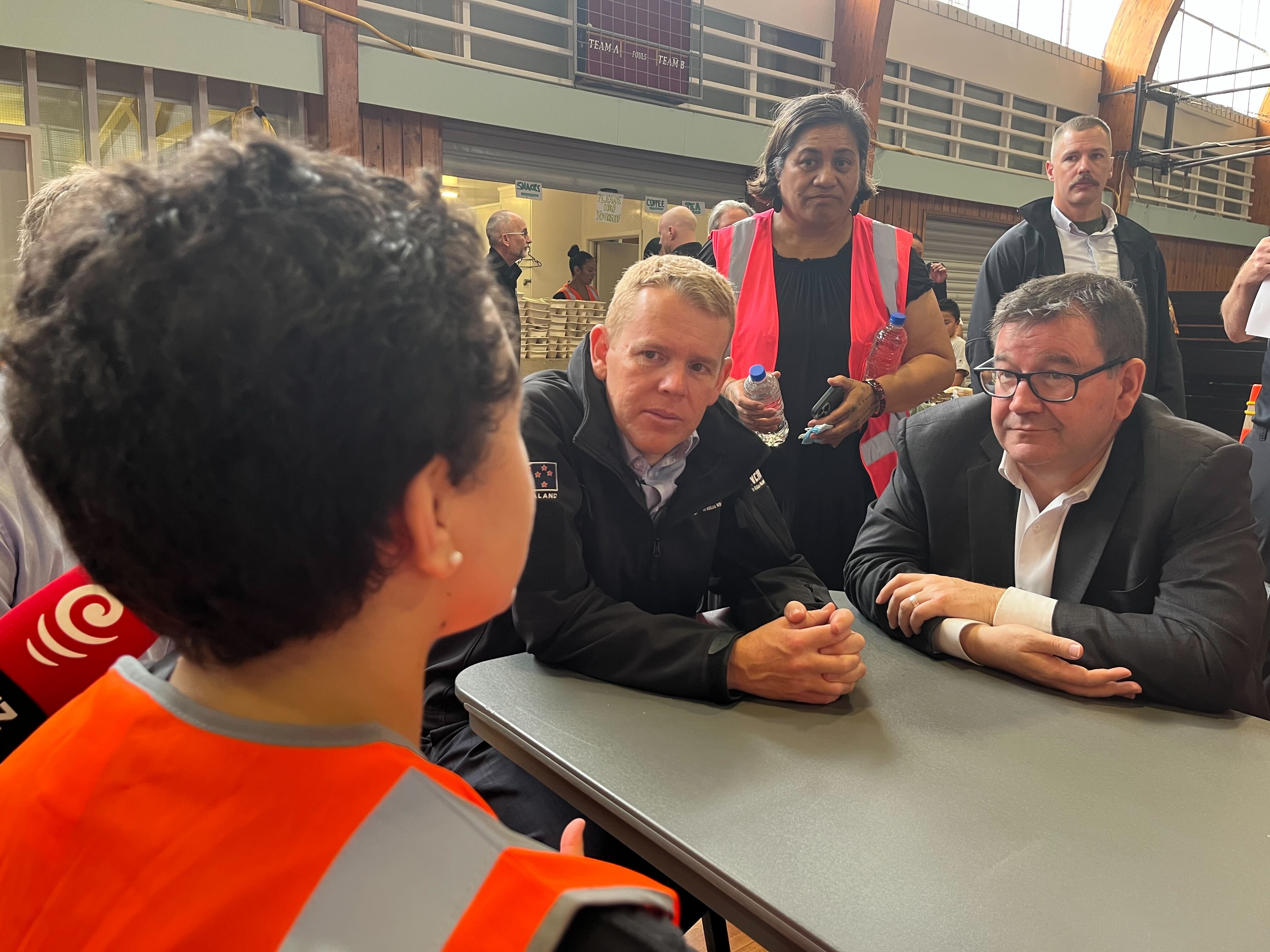 Prime Minister Chris Hipkins and Finance Minister Grant Robertson visit Moana Nui a Kiwa hub in Mangere during the floods. Photo / Aaron Dahmen